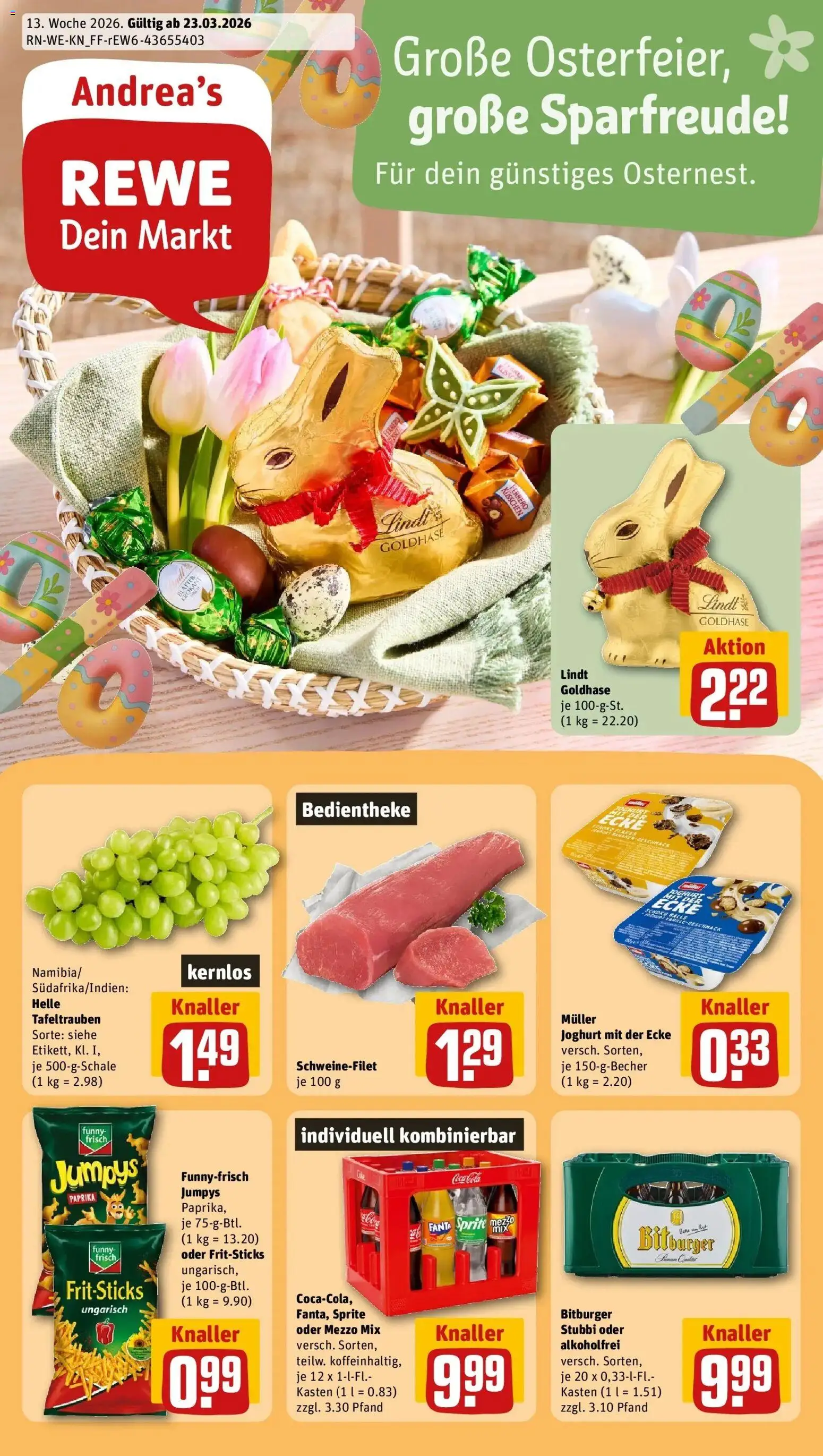 Vorschau von dem Prospekt des Geschäftes Rewe, gültig ab dem 23.03.2026 - Chips, Coca cola, Lindt, Joghurt, Paprika, Schweinefilet, Fanta, Sprite