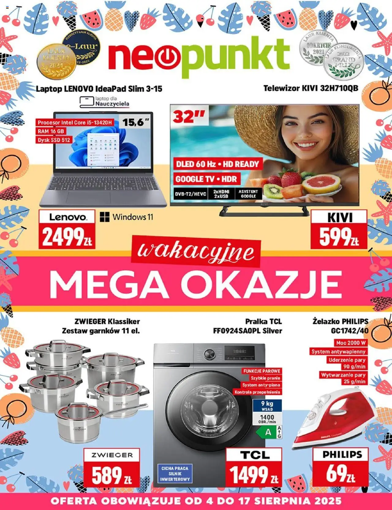 Neopunkt Gazetka od 04.08.2025 - Nowa Gazetka - Numer strony 1 - Dysk, Laptop, Pralka, Telewizor, Żelazko