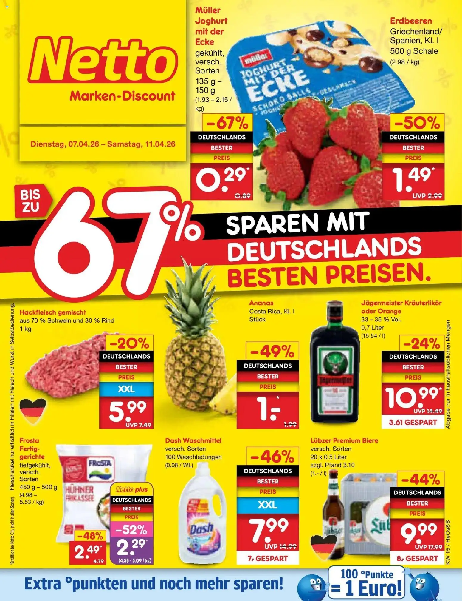 Vorschau von dem Prospekt des Geschäftes Netto Marken-Discount, gültig ab dem 07.04.2026 - Gerichte, Wurst, Erdbeeren, Joghurt, Jägermeister, Ananas, Fleisch, Frosta