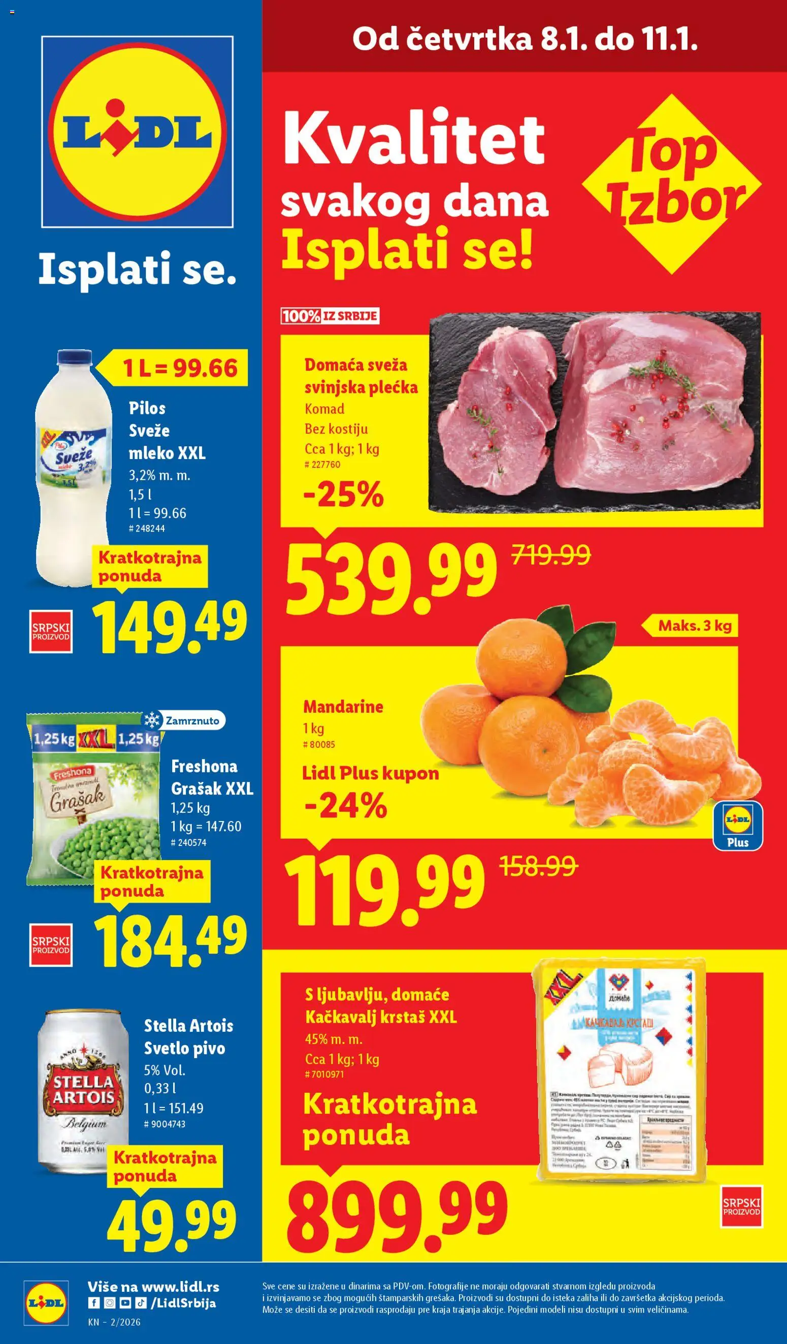 Pregled Lidl kataloga - važi od 08.01.2026 - Grašak, Pivo, Kačkavalj, Stella Artois, Mleko, Mandarine, Sveže mleko, Svinjska plećka