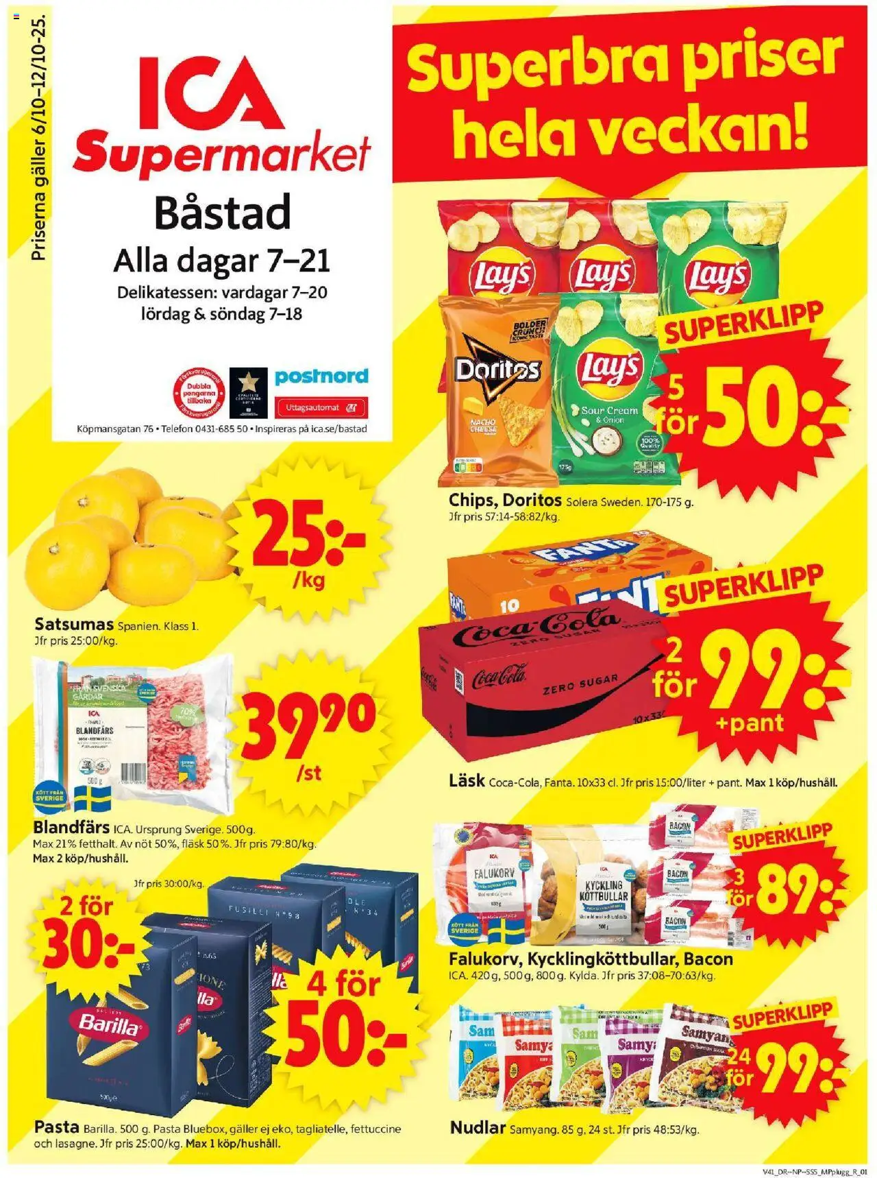 Förhandsgranska reklamblad Båstad från butik ICA Supermarket gäller från 06/10/2025 - Köttbullar, Pasta, Telefon, Coca cola, Bacon, Galler, Fläsk, Kyckling