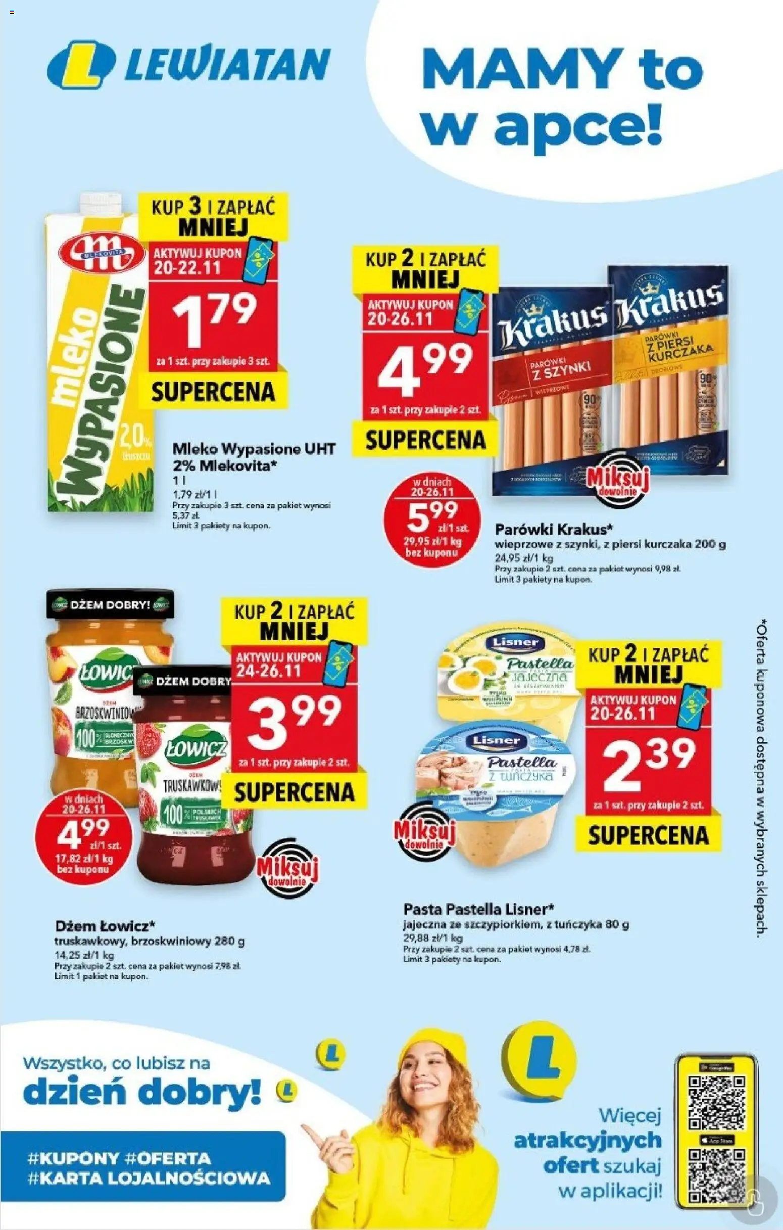 Pogląd gazetki "Z Kuponami w Lewiatanie" ze sklepu Lewiatan ważnej od 20.11.2025 - Mleko, Pasta, Dżem, Piersi, Parówki, Mleko wypasione