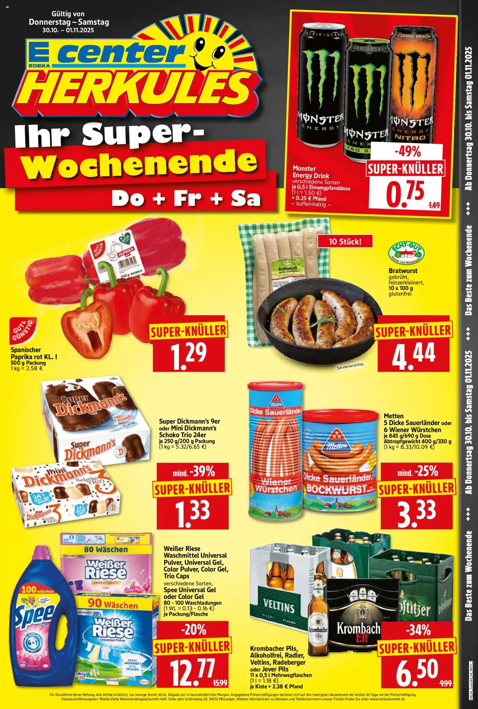 HERKULES Sonderbeilage (vom 30.10.2025 - 01.11.2025) - Monster, Krombacher, Fleisch, Paprika, Veltins, Waschmittel, Bockwurst, Paprika rot