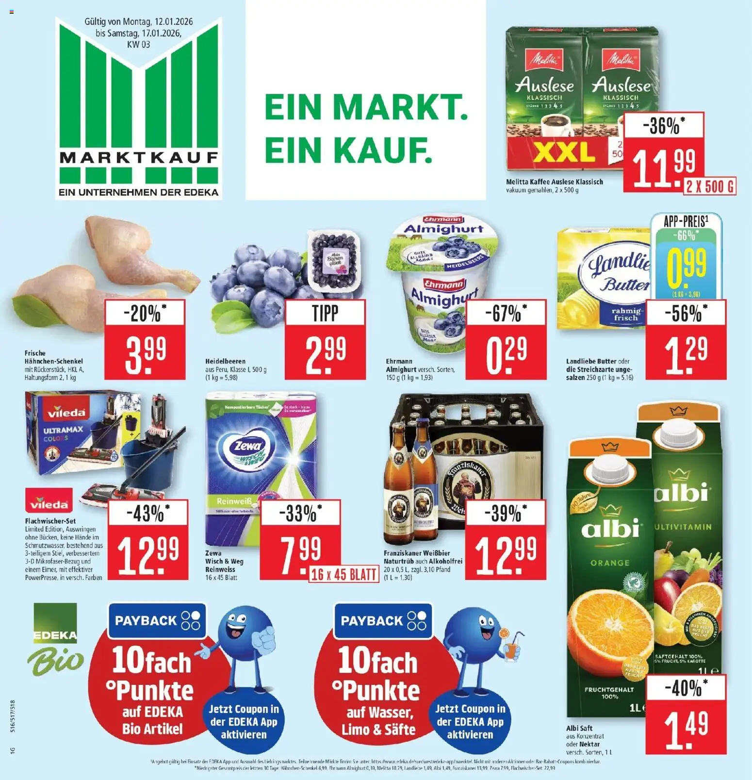 Vorschau von dem Prospekt des Geschäftes Marktkauf, gültig ab dem 11.01.2026 - Heidelbeeren, Karotte, Hahnchenschenkel, Melitta, Franziskaner, Saft, Weißbier, Landliebe butter