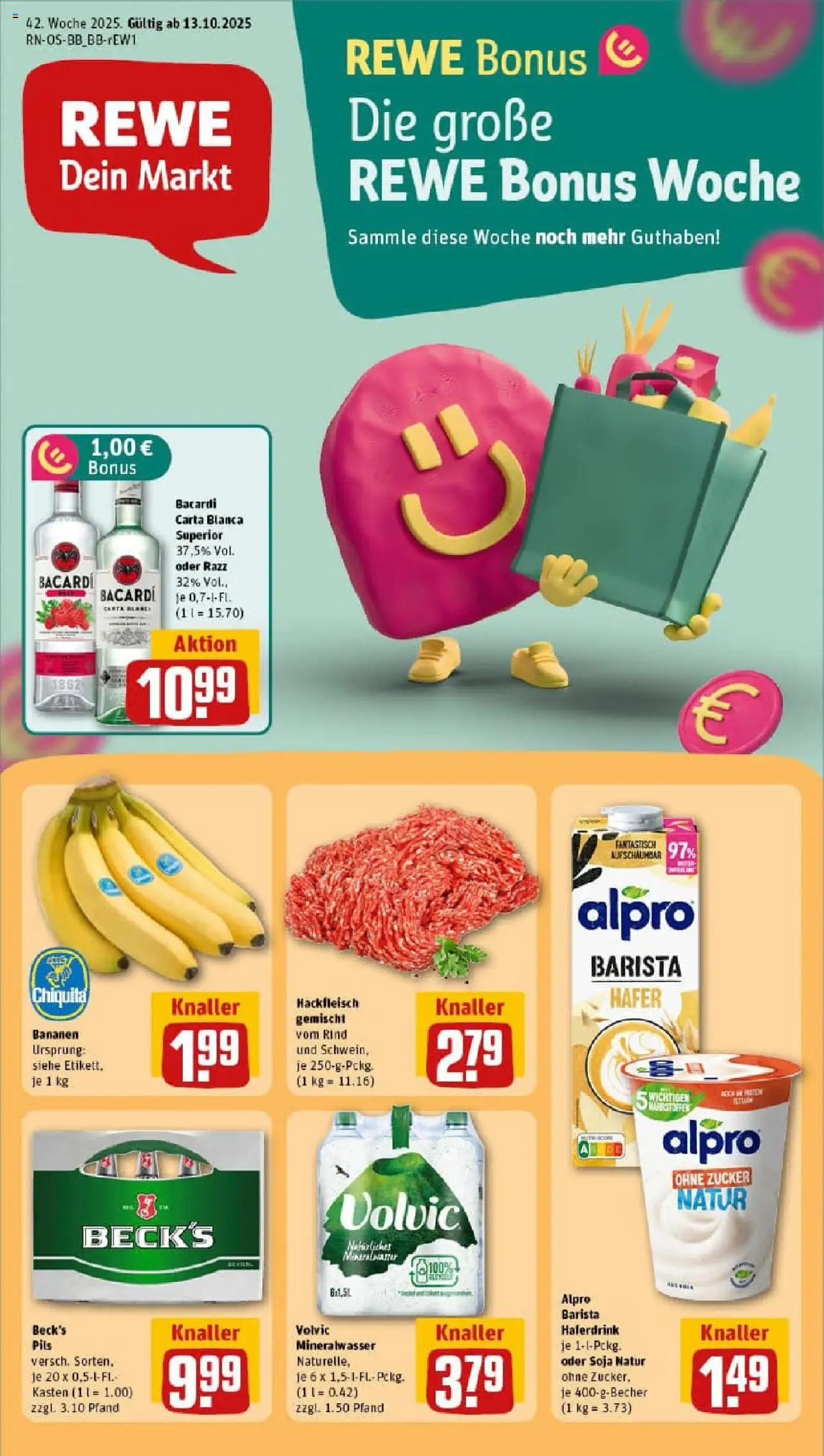 Vorschau von dem Prospekt des Geschäftes Rewe, gültig ab dem 13.10.2025 - Hackfleisch, Bacardi, Rum, Zucker, Volvic, Alpro, Pils, Haferdrink