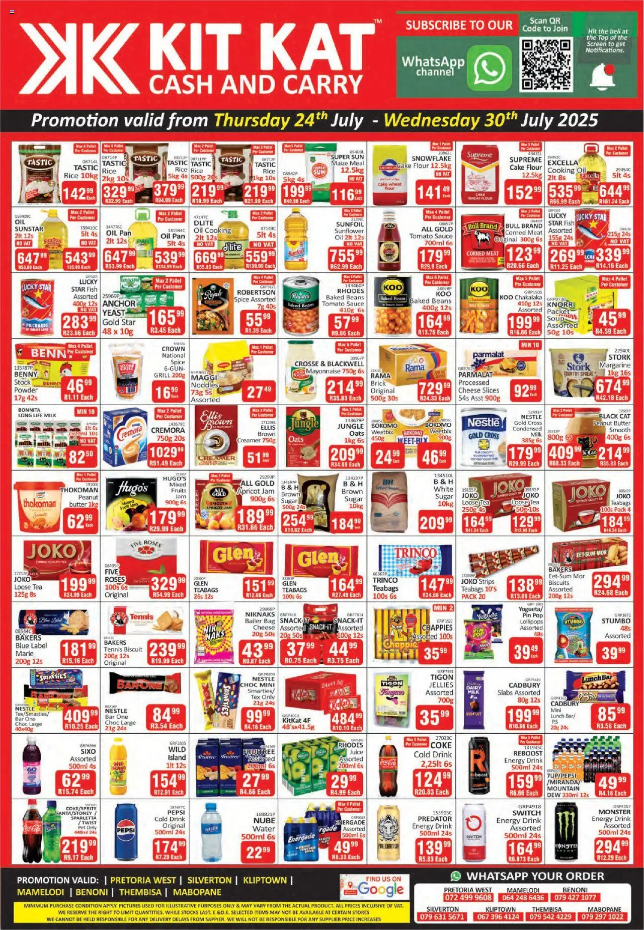 KIT KAT Cash & Carry Specials from 24/07 - 30/07/2025 > Promotions - Pilchards, Corned meat, Bag, Spread, Biscuits, Juice, Mayonnaise, Sugar