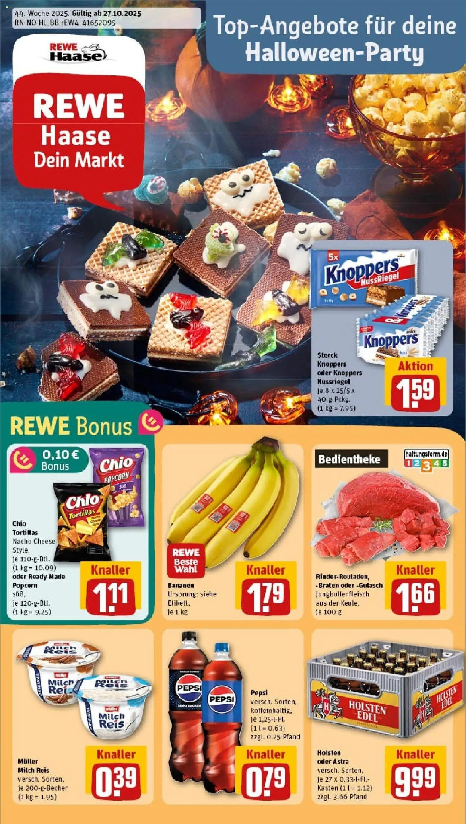 REWE Prospekt ab 26.10.2025 nächste Woche - Prospekt Haffkrug - Chips, Tortillas, Milch, Reis, Popcorn, Astra, Pudding, Holsten edel