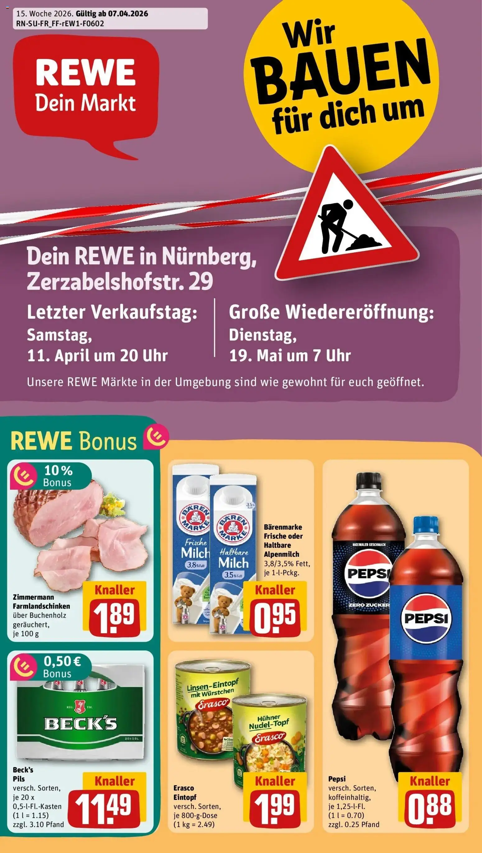 Vorschau von dem Prospekt des Geschäftes Rewe, gültig ab dem 05.04.2026 - Uhr, Milch, Zucker, Pepsi, Haltbare milch, Pils, Erasco