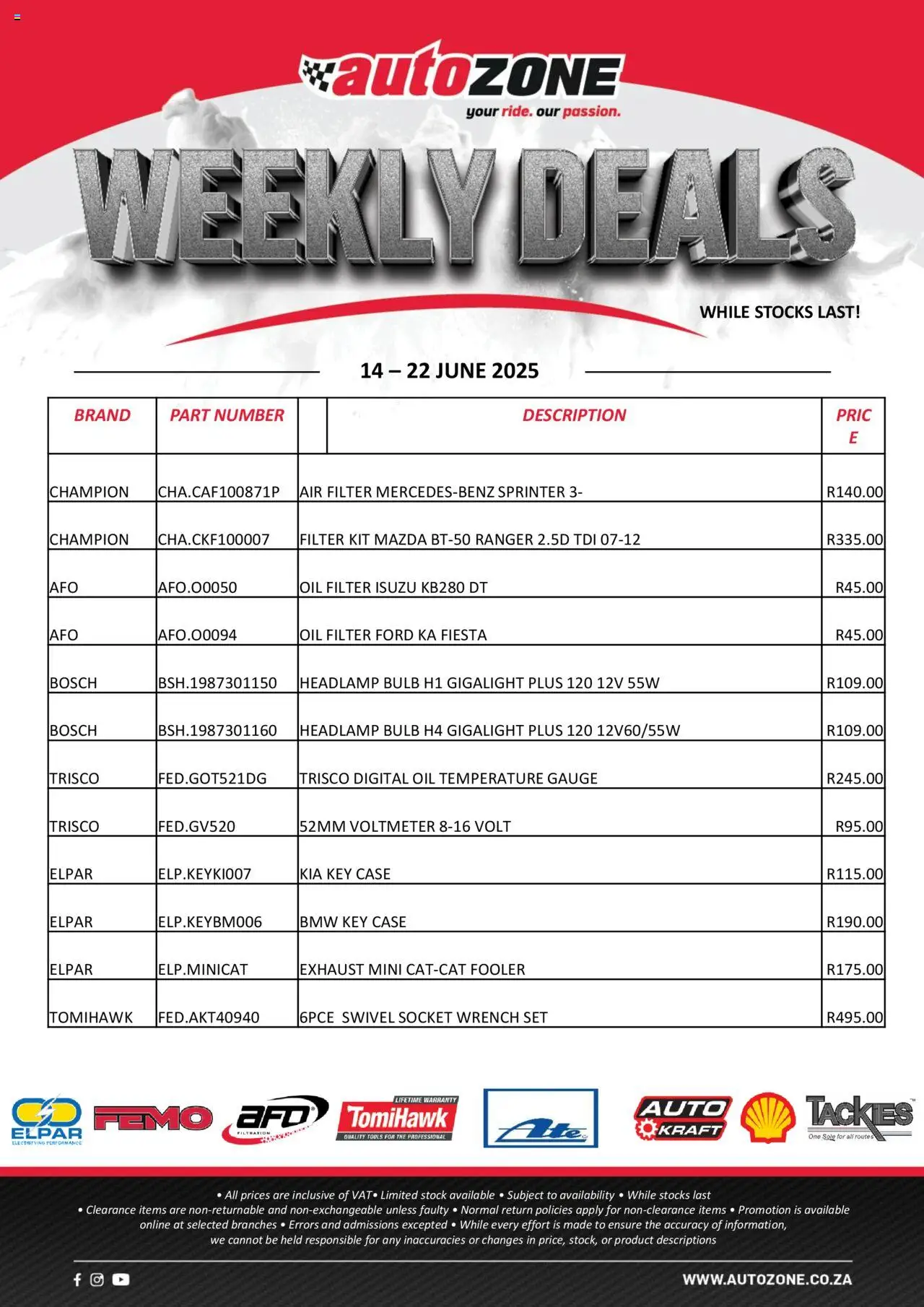 AutoZone Weekly Deals from 14/06 - 23/06/2025 > Promotions - Oil, Stock, Case, Wrench, Socket