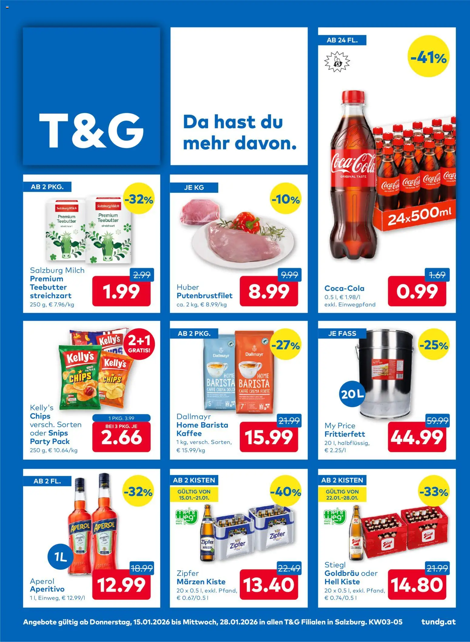 Vorschau der Angebote: T&G Salzburg gültig ab 15.01.2026 - Kaffee, Aperol, Chips, Milch