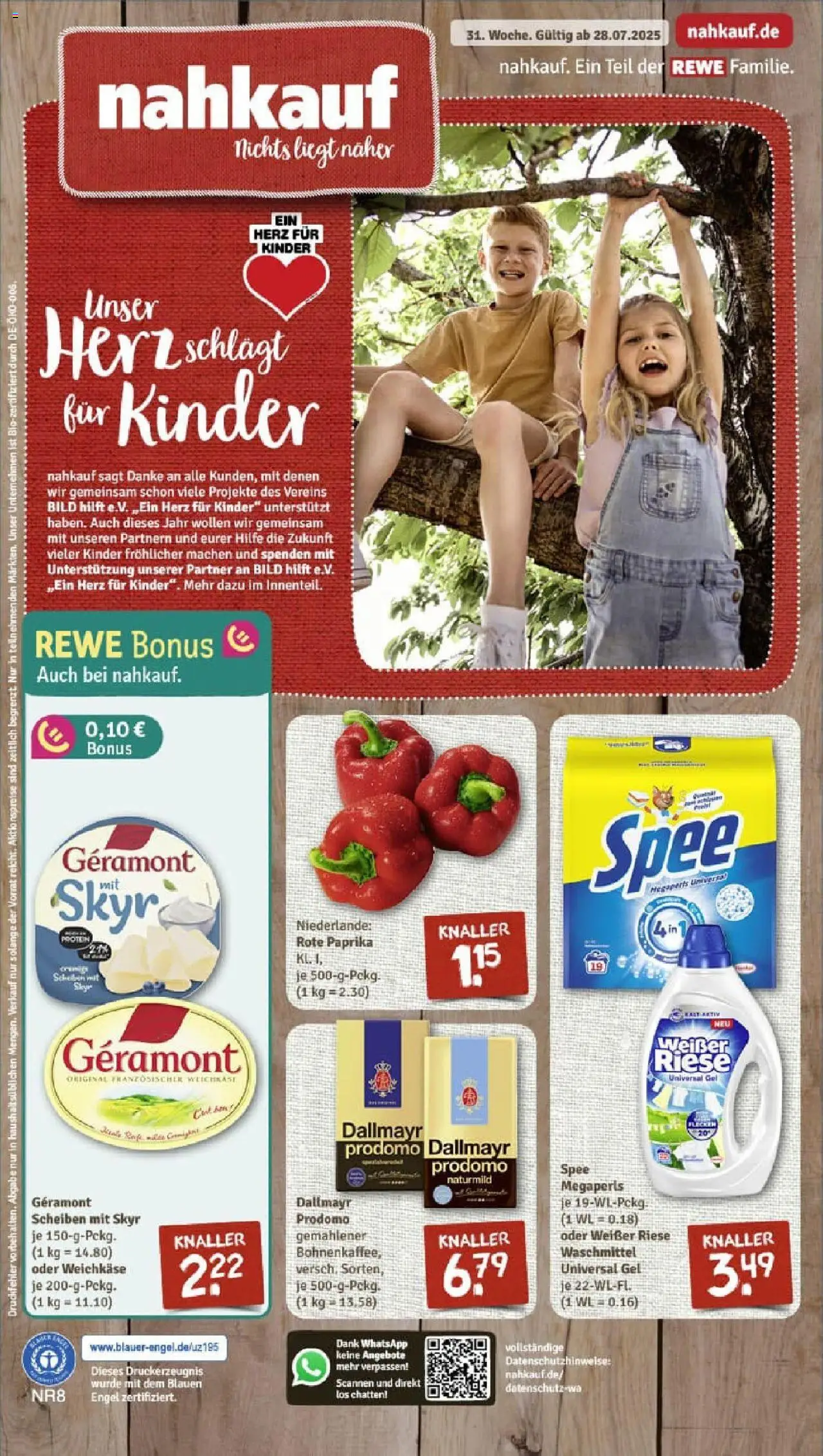 REWE Prospekt ab 27.07.2025 nächste Woche - Prospekt Arnbruck - Spee, Skyr, Dallmayr, Paprika, Waschmittel, Dallmayr prodomo, Geramont, Rote Paprika