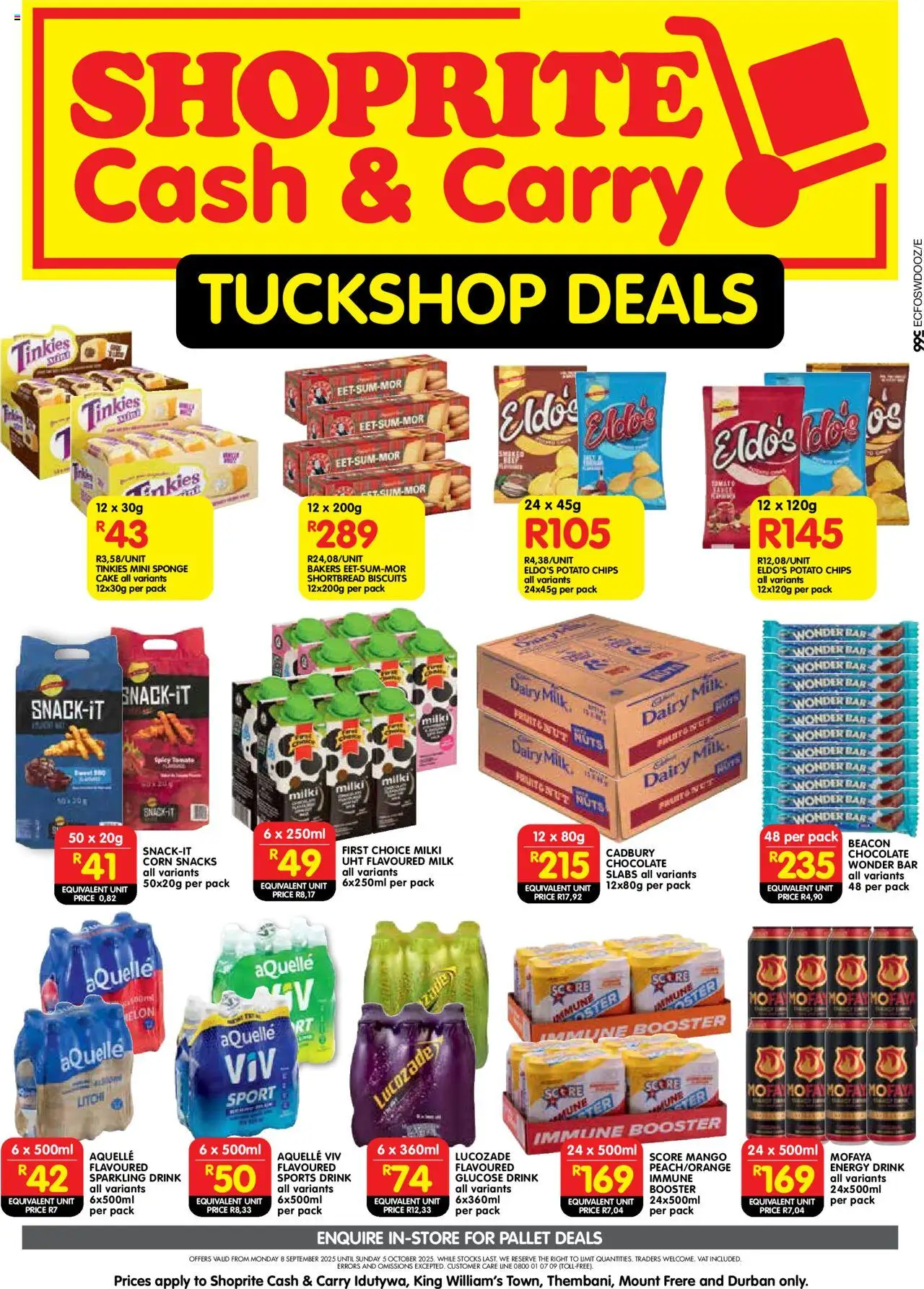 Shoprite Eastern Cape - Cash & Carry Tuckshop Deals Idutywa, King William's Town & Thembani 08/09 - 05/10/2025 >> Catalogue - Cake, Mango, Snacks, Chips, Corn, Nuts, Energy drink, Sports drink