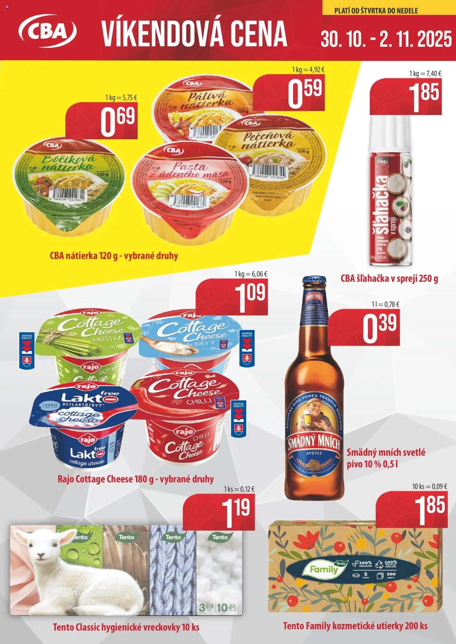 CBA Komfos Víkendová cena (30.10. - 02.11.2025) - Akčná ponuka - Pivo, Chilli, Šľahačka, Nátierka, Pažítka, Smädný Mních