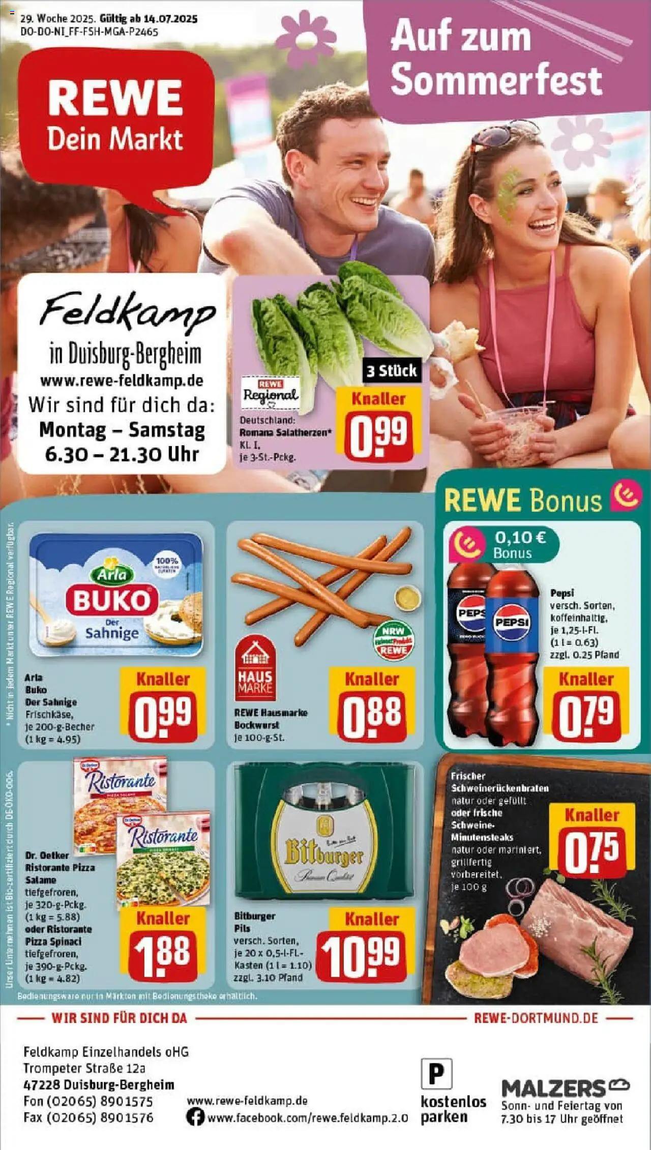 REWE Prospekt ab 13.07.2025 nächste Woche - Prospekt Duisburg / Bergheim - Pizza, Uhr, Ristorante, Bitburger, Pepsi, Theke, Pils, Arla buko