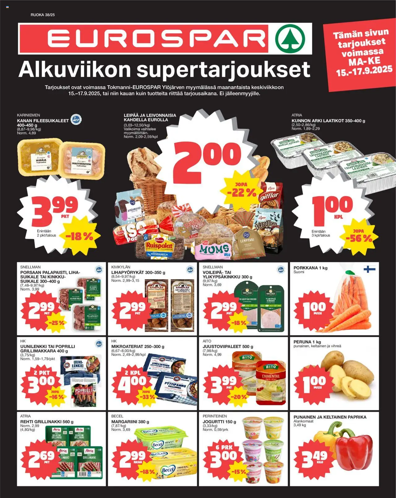 Tokmanni-kaupan EUROSPAR Ylöjärvi Ruokasanomat voimassa 15/09/2025 - Sivulla 1