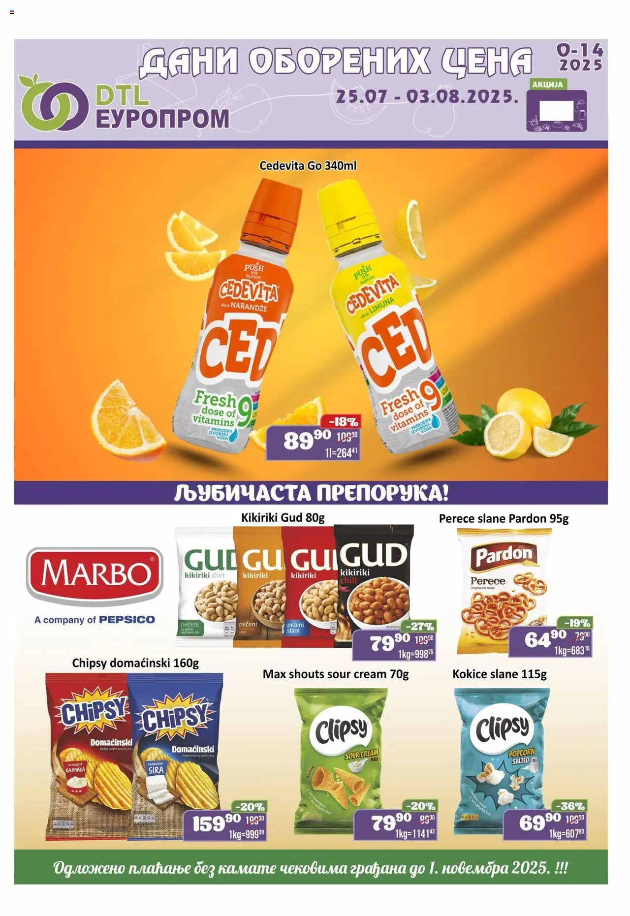 Europrom katalog važi od 25.07.2025 - stranica 1 - Popcorn, Cedevita, Kikiriki, Voda, Kokice, Izvorska voda, Narandže