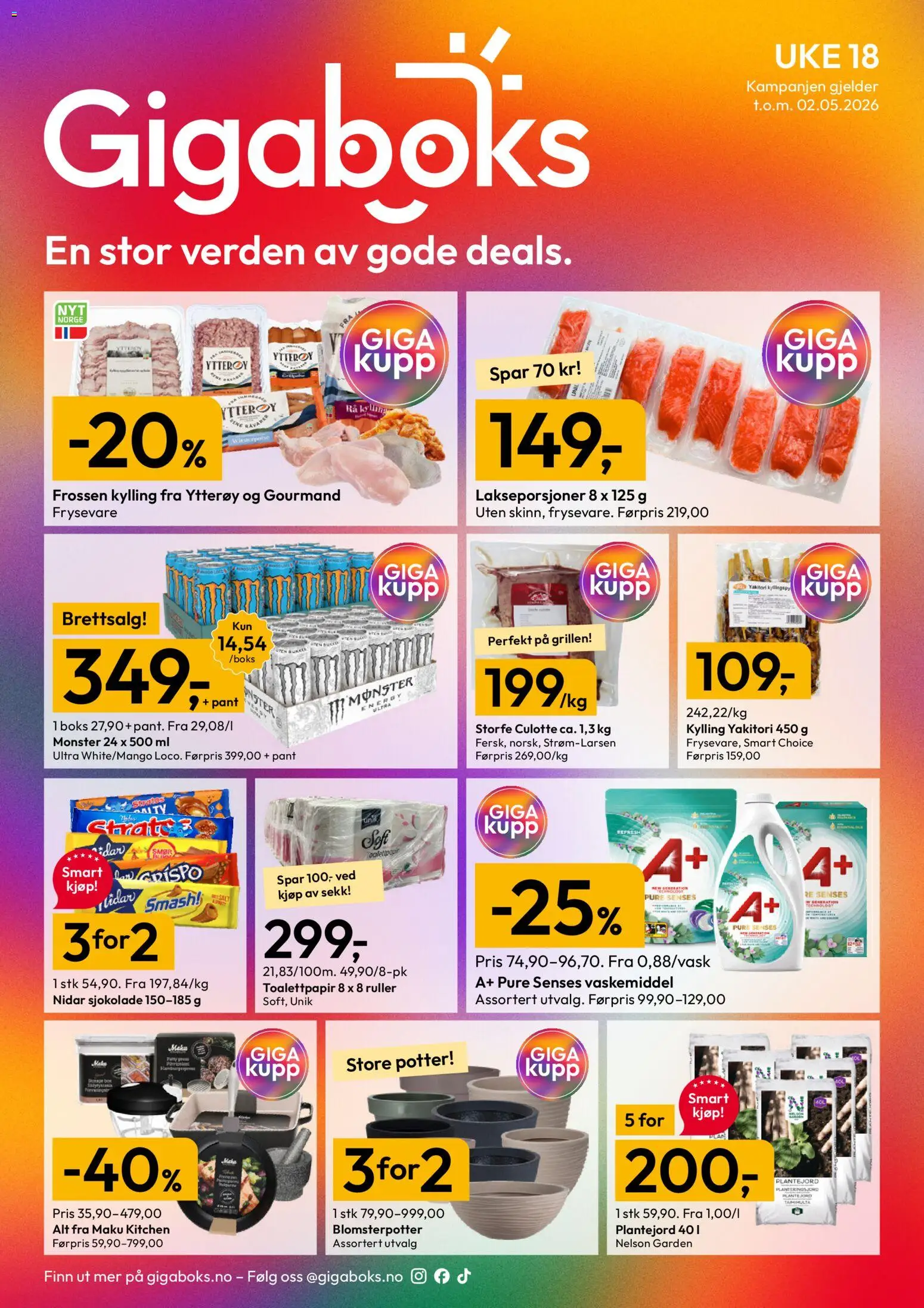 Forhåndsvis Gigaboks kundeavis fra butikk Gigaboks gyldig fra 27/04/2026 - Monster, Plantejord, Sjokolade, Kylling, Ved, Blomsterpotter, 1, Boks