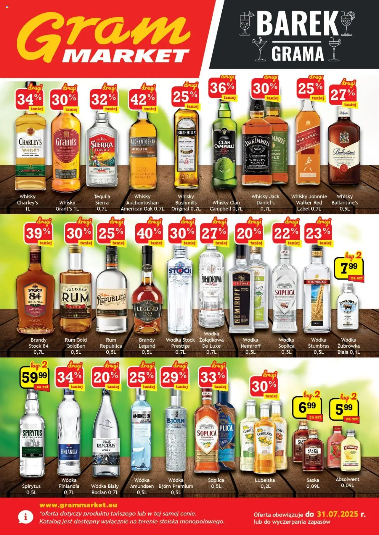 Gram Market Barek od 02.07.2025 - Nowa Gazetka - Numer strony 1 - Whisky Bushmills, Wódka Stock, Charley's whisky, Nemiroff, Ballantines, Spirytus, Brandy, Sierra Tequila