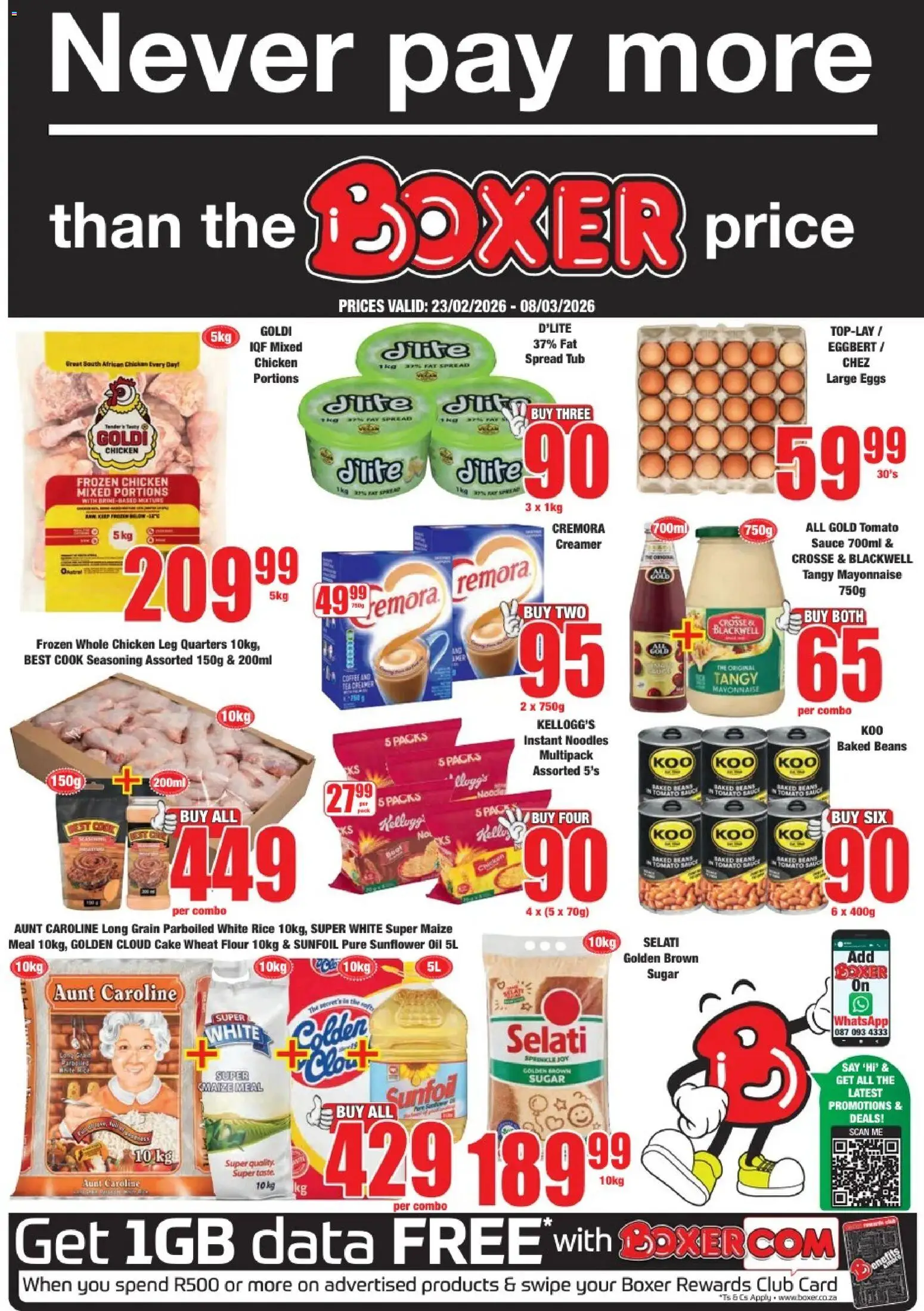 Preview of Boxer flyer valid from 23/02/2026 - Cake, Sugar, Data, Beans, Baked beans, Spread, Seasoning, Frozen chicken