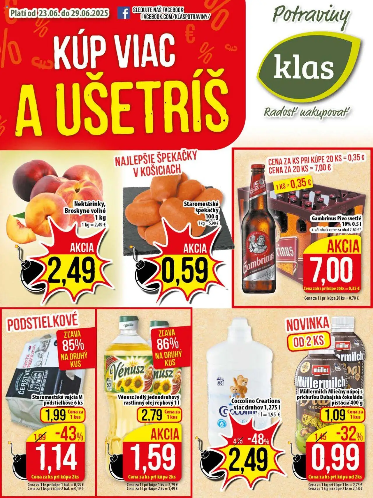 Klas Leták od pondelka 23.06.2025 > Aktuálny online - Pivo, Čokoláda, Olej, Vajcia, Coccolino, Gambrinus, Broskyne