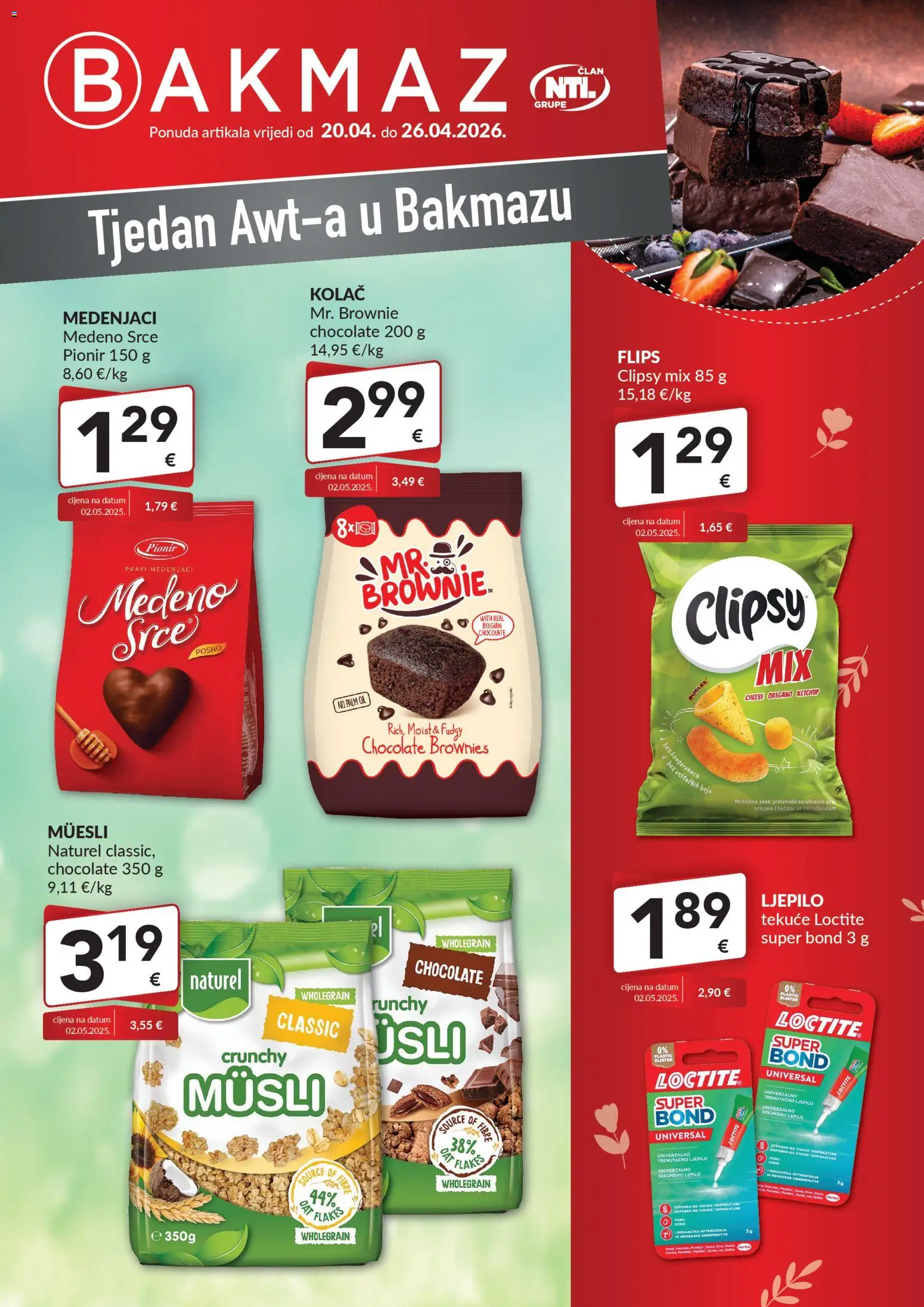 Pregled letka Bakmaz Tjedan Awt-a trgovine Bakmaz vrijedi od 20.04.2026 - Brownies, Kolac, Flips, Ljepilo, Muesli, Musli