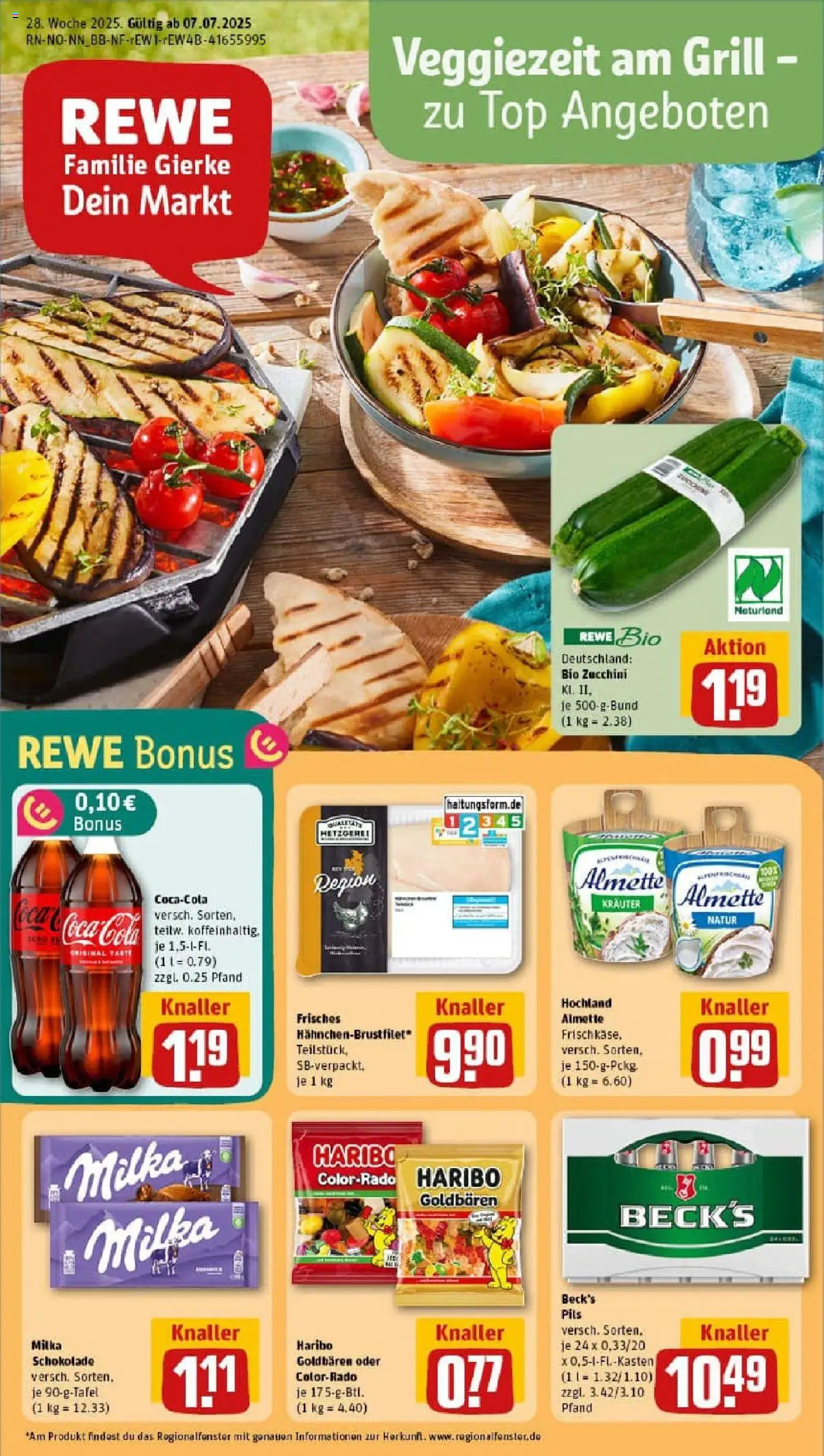 REWE Prospekt ab 06.07.2025 nächste Woche - Prospekt Buxtehude - Zucchini, Grill, Cola, Top, Milka schokolade, Milka, Pils, Almette