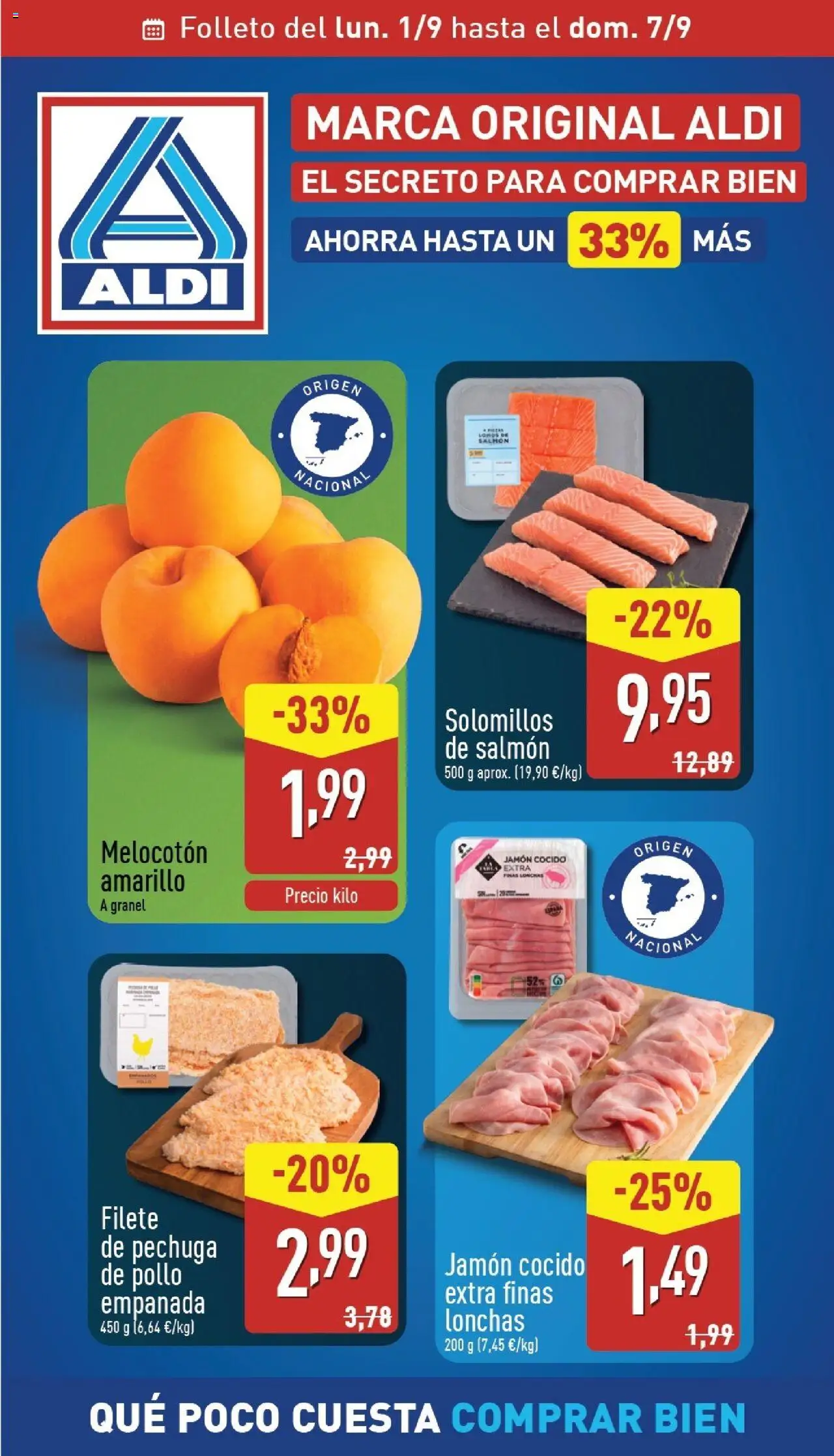 Aldi folleto 01/09 - 07/09/2025 >> Catálogo Península - Jamón, Salmón, Jamón cocido, Filete, Pechuga de pollo empanada, Melocotón amarillo, Pollo