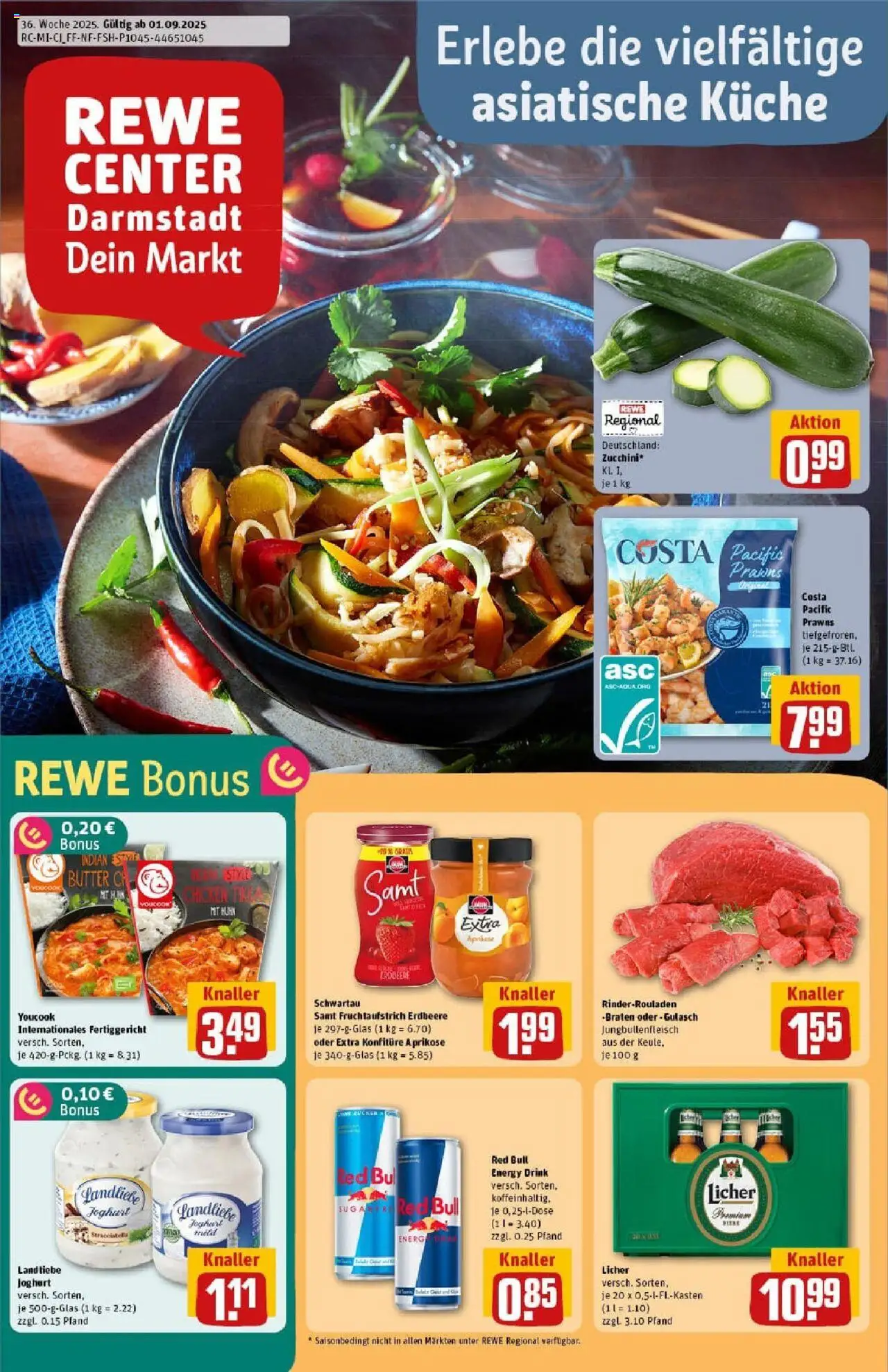 REWE Prospekt ab 01.09.2025 nächste Woche - Prospekt Darmstadt - Butter, Küche, Red bull, Gulasch, Joghurt, Rinderrouladen, Youcook, Landliebe joghurt