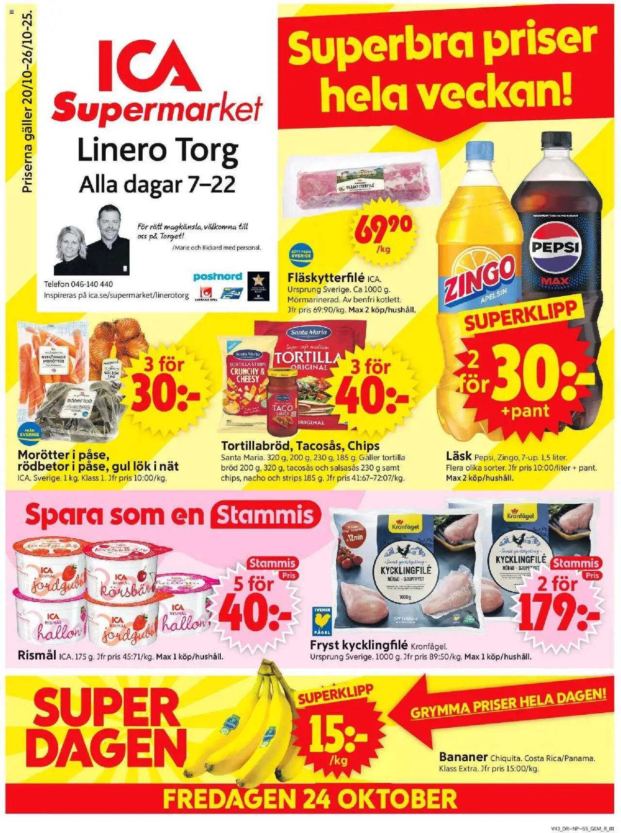 Lund är giltig 20/10 2025 > Veckans Erbjudanden gäller från 20/10/2025 till 26/10/2025 sidnummer 1 - Hallon, Chips, Bröd, Kycklingfile, Galler, Morötter, Tacosås, Gul lök