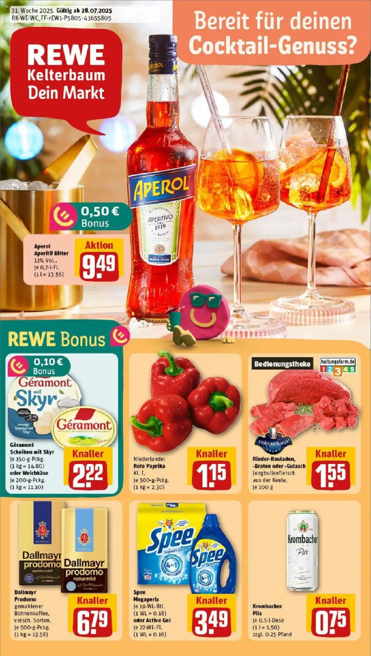 REWE Prospekt ab 27.07.2025 nächste Woche - Prospekt Köln - Gulasch, Spee, Skyr, Krombacher, Paprika, Dallmayr prodomo, Geramont, Pils