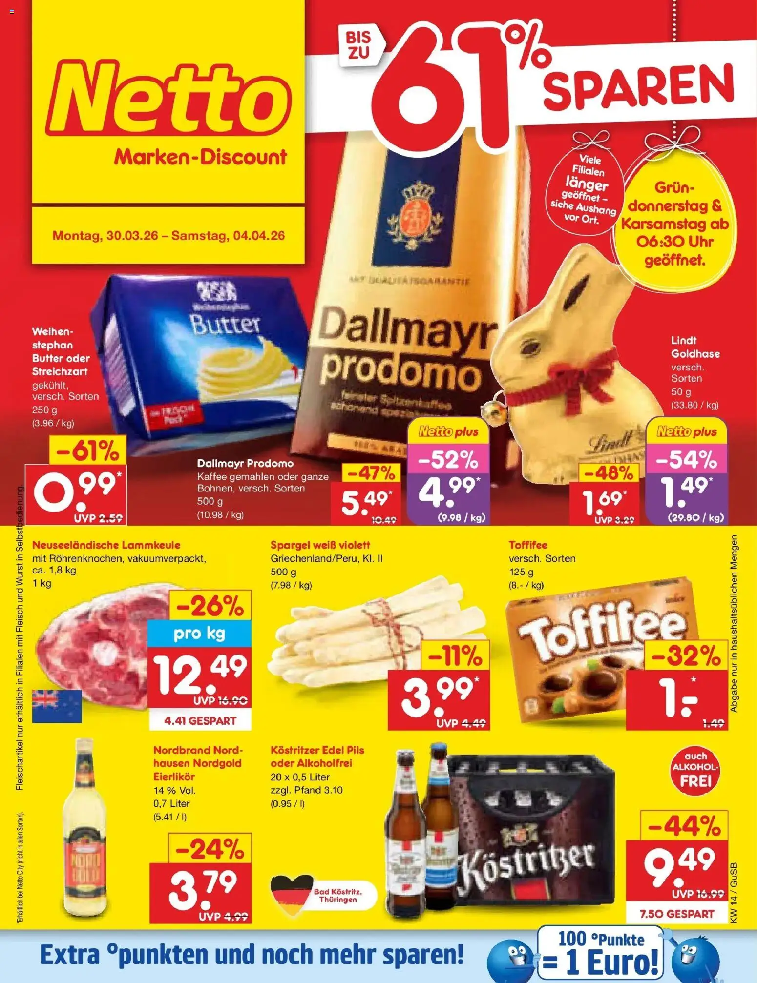 Vorschau von dem Prospekt des Geschäftes Netto Marken-Discount, gültig ab dem 30.03.2026 - Uhr, Wurst, Spargel, Alkohol, Dallmayr, Toffifee, Lammkeule, Pils