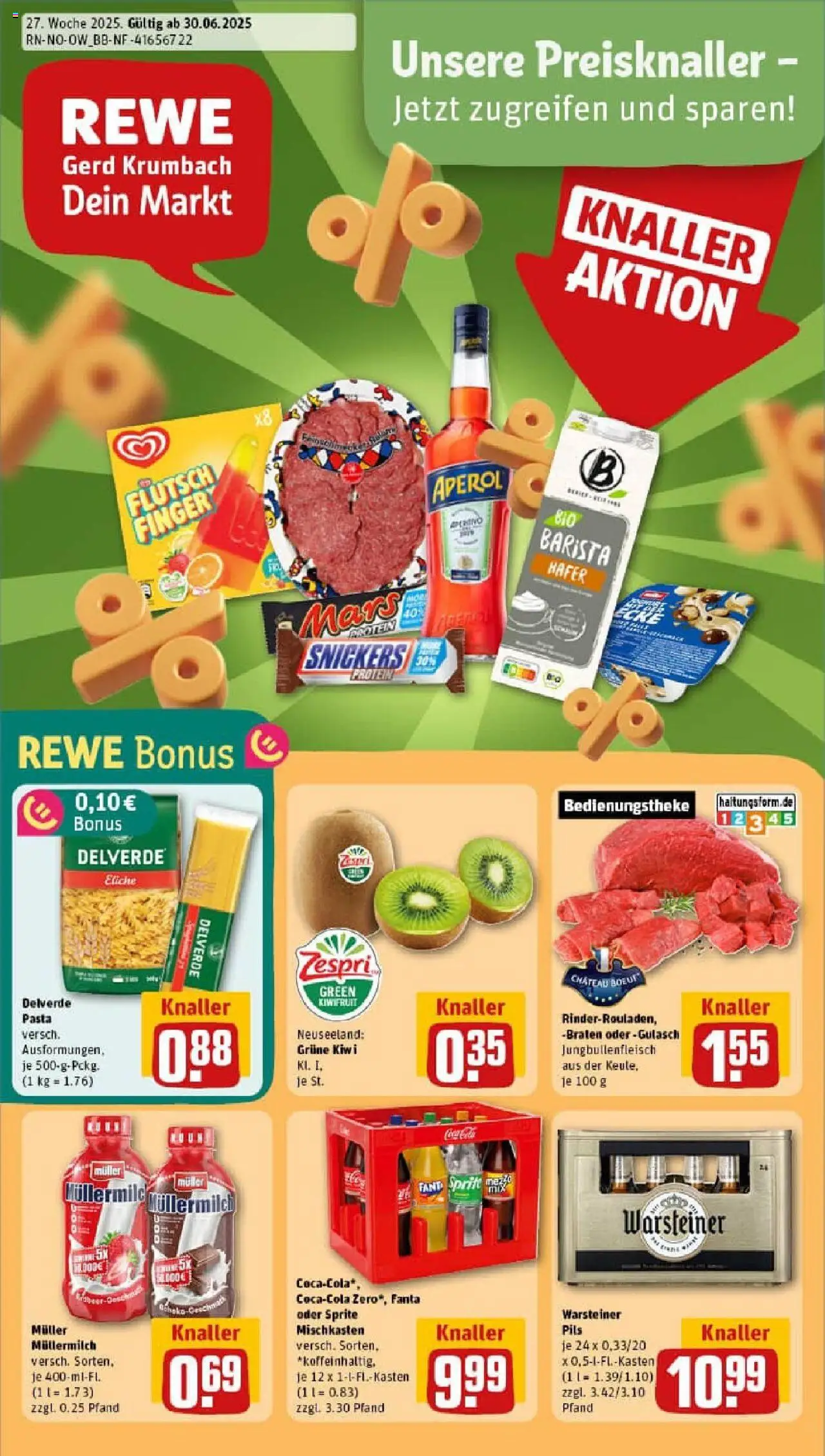 REWE Prospekt ab 29.06.2025 nächste Woche - Prospekt Augustdorf - Pasta, Gulasch, Kiwi, Mars, Snickers, Sprite, Pils, Muller mullermilch