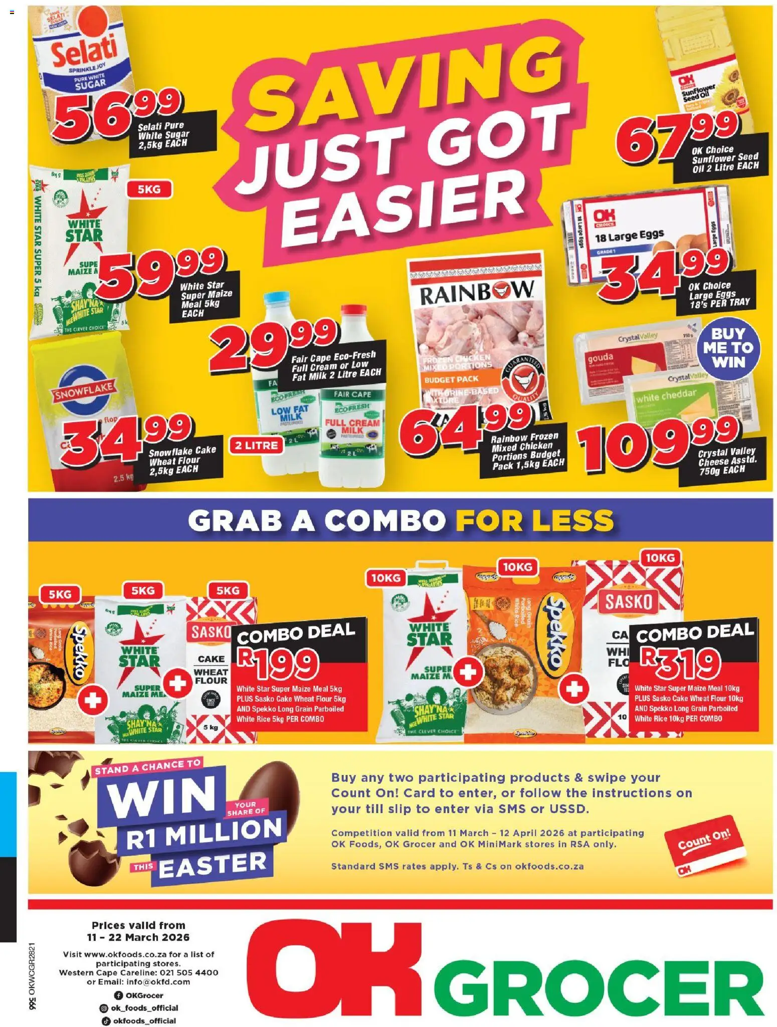 Preview of OK Foods flyer valid from 11/03/2026 - Cake, Eggs, Milk, Cheese, Oil, Cream, Maize meal, Cheddar