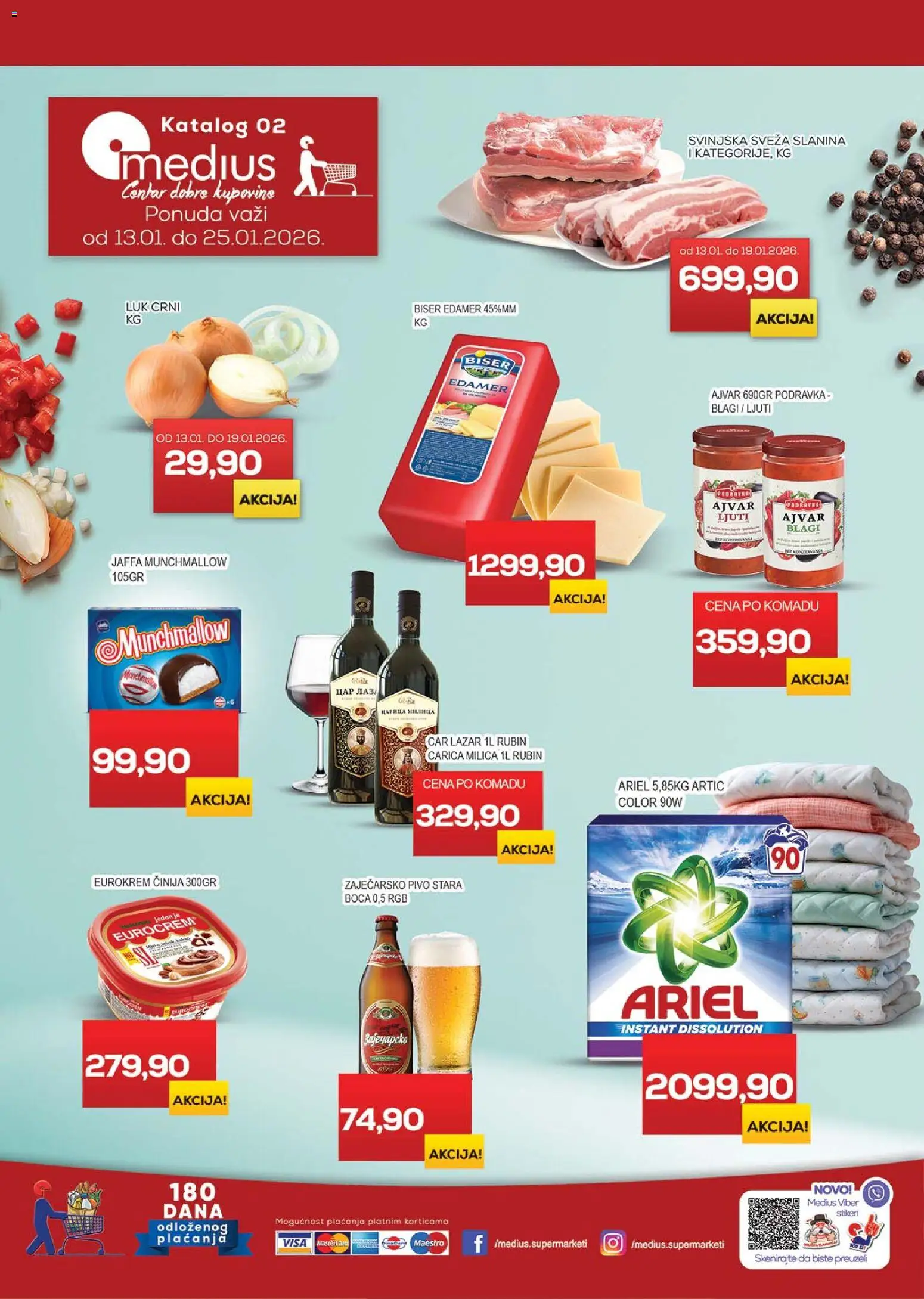 Pregled Medius kataloga - važi od 13.01.2026 - Ajvar, Pivo, Ariel, Munchmallow, Slanina, Zaječarsko pivo, Eurocrem, Edamer