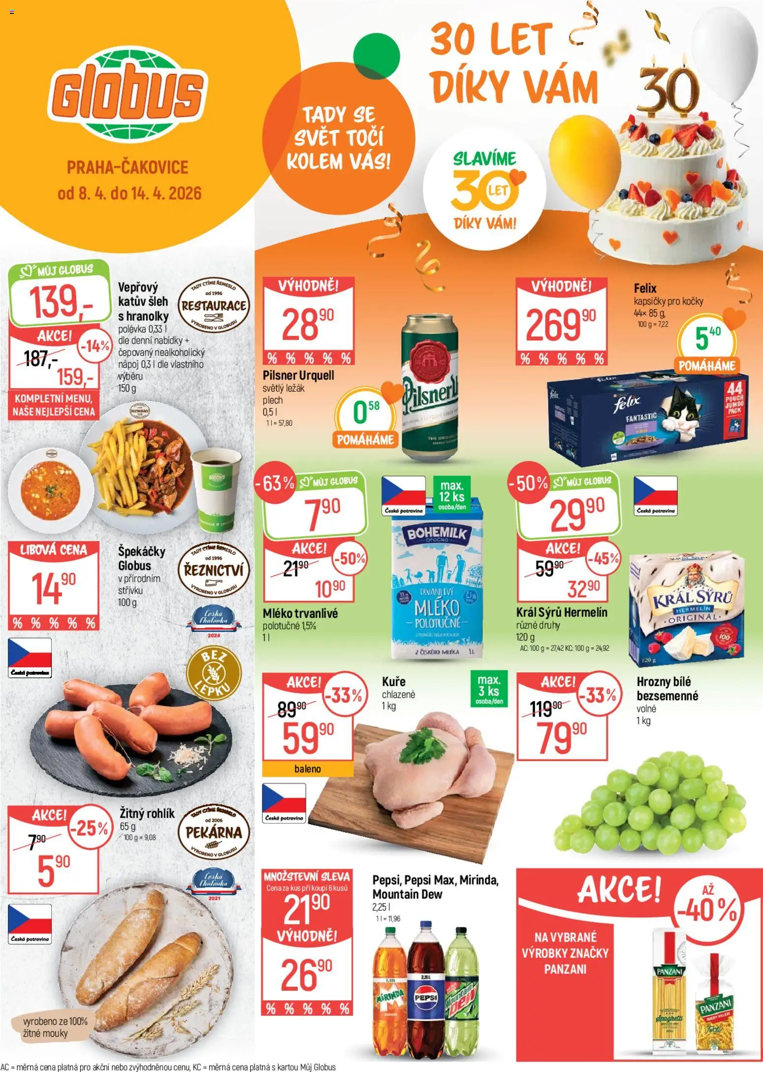 Náhled nabídky: Globus Globus leták platný od 08.04.2026 - Rohlík, Felix, Hranolky, Pepsi, Pilsner, Kapsičky pro kočky, Hrozny, Trvanlivé mléko