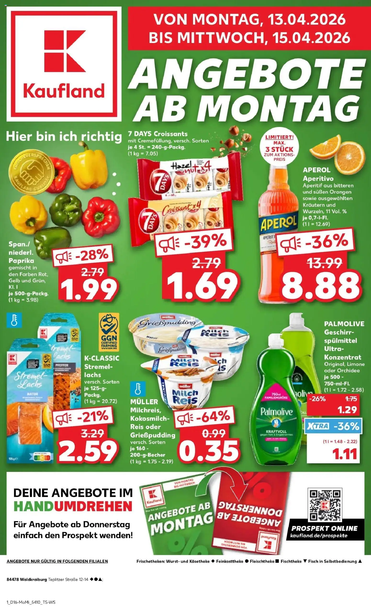Vorschau von dem Prospekt des Geschäftes Kaufland, gültig ab dem 13.04.2026 - Fisch, Croissant, Orchidee, Lachs, Paprika, Pudding, Kokosmilch, Geschirrspülmittel