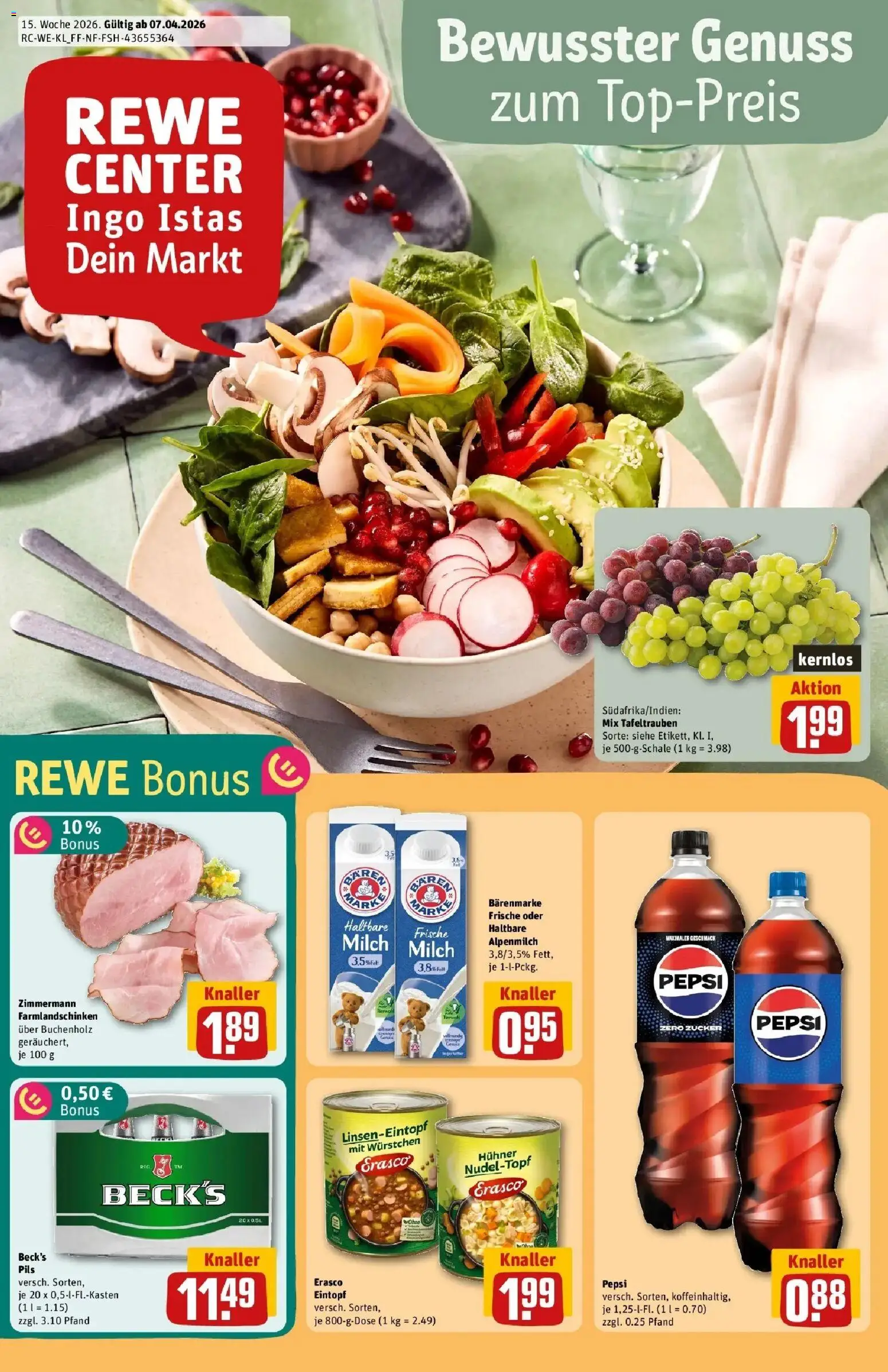 Vorschau von dem Prospekt des Geschäftes Rewe, gültig ab dem 05.04.2026 - Milch, Zucker, Pepsi, Haltbare milch, Pils, Erasco