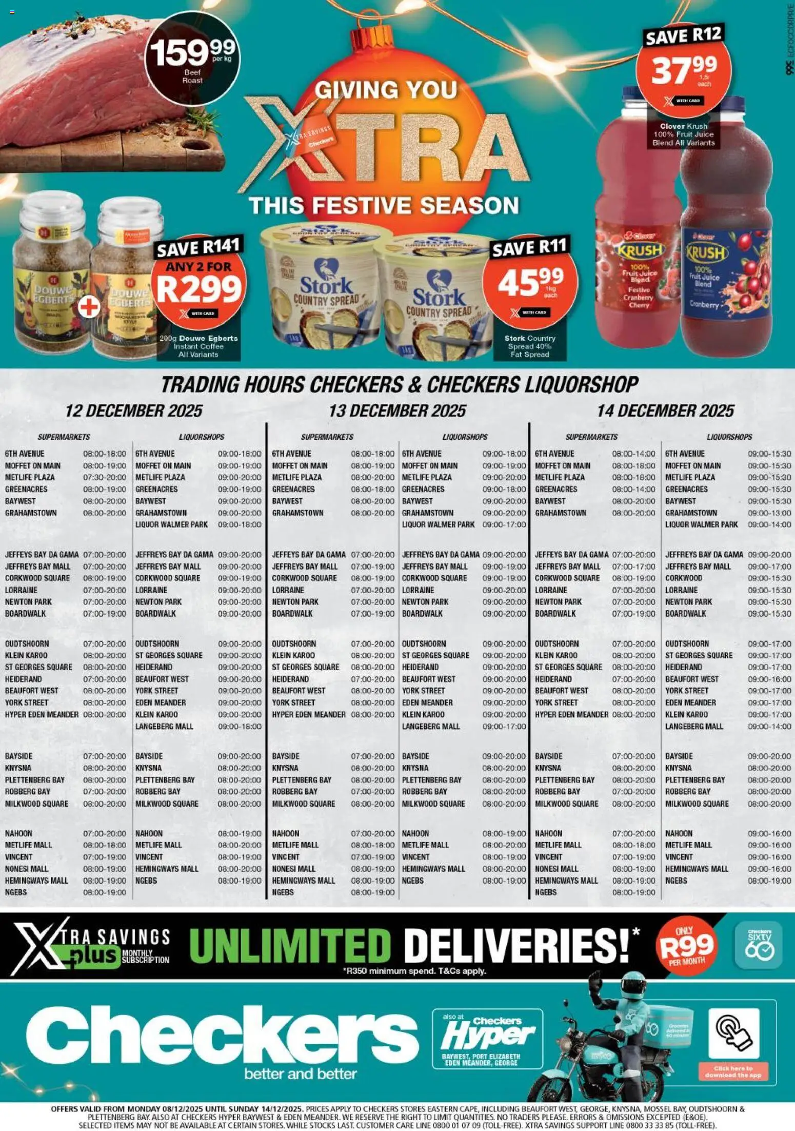 Preview of Checkers flyer valid from 08/12/2025 - Coffee, Fruit, Juice, Beef, Spread, Instant coffee, Beef roast, Fat spread