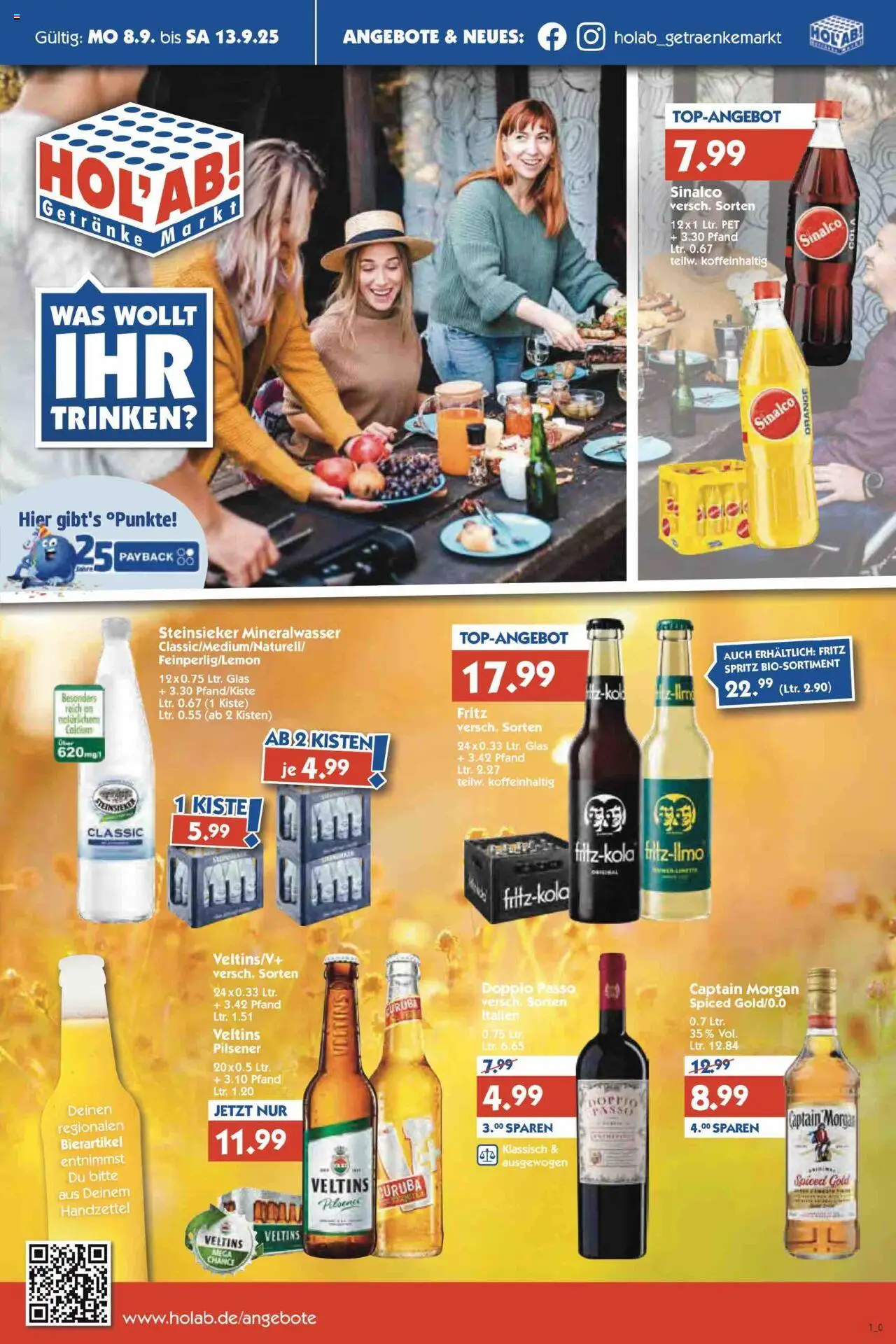 Vorschau von dem Prospekt des Geschäftes HOL’AB!, gültig ab dem 08.09.2025 - Mineralwasser, Captain morgan, Veltins, Doppio Passo, Sinalco