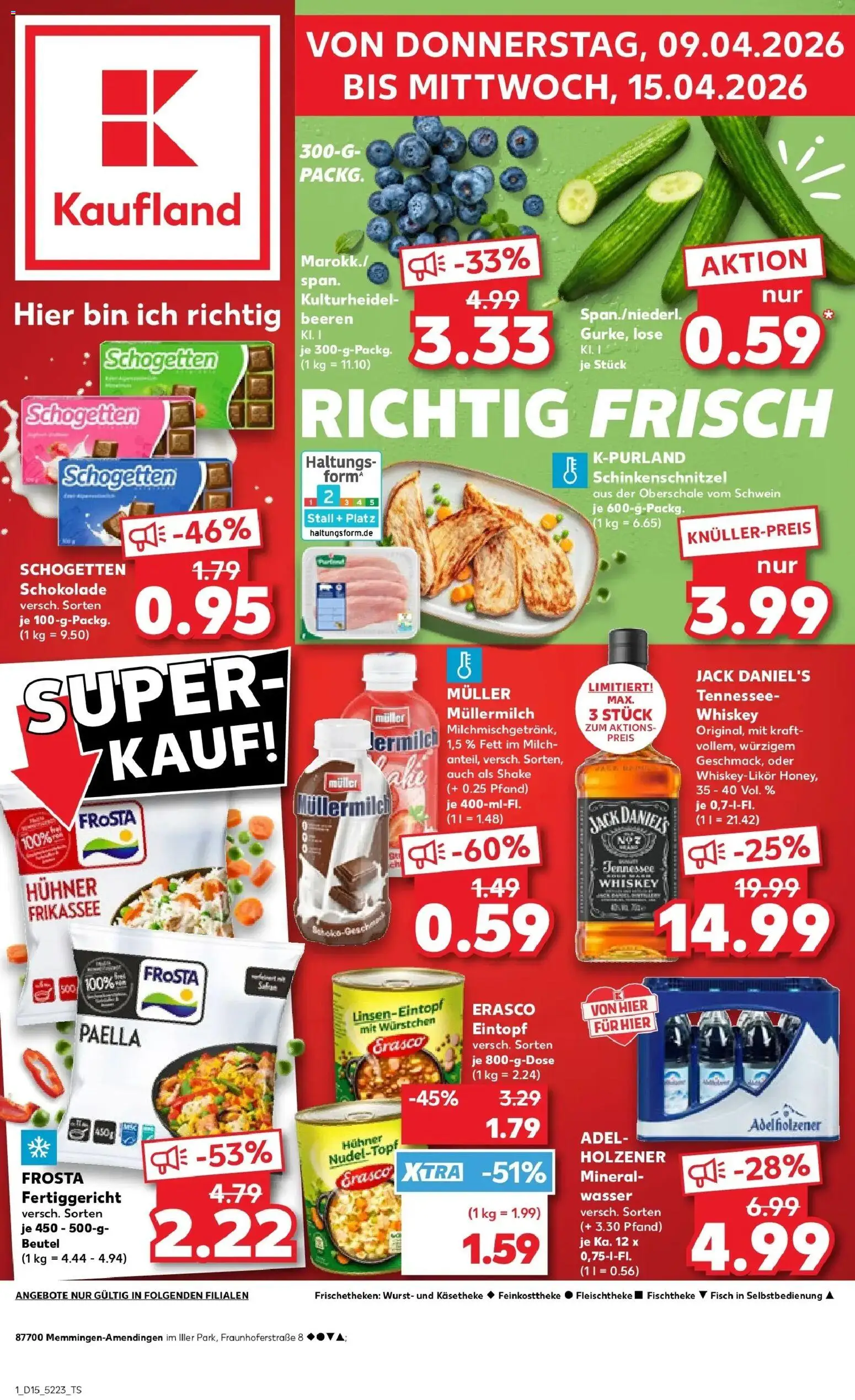 Vorschau von dem Prospekt des Geschäftes Kaufland, gültig ab dem 08.04.2026 - Schokolade, Wurst, Mineralwasser, Frosta, Whiskey, Müllermilch, Jack Daniel's, Muller mullermilch