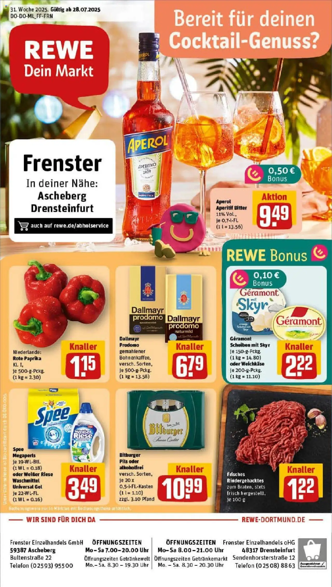 REWE Prospekt ab 27.07.2025 nächste Woche - Prospekt Ascheberg - Uhr, Telefon, Aperol, Spee, Skyr, Dallmayr, Bitburger, Rote Paprika