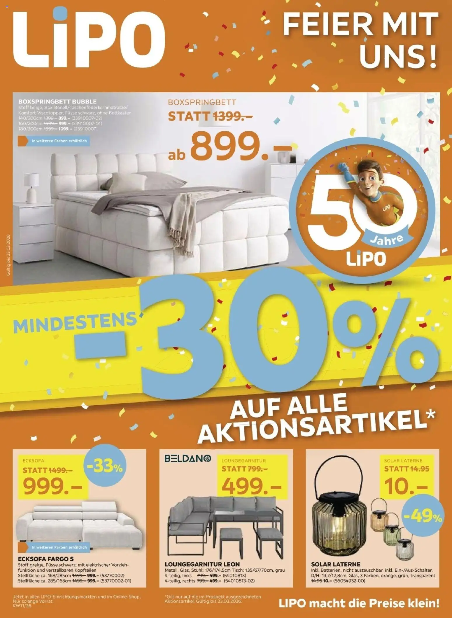 Vorschau des Merkblatts Lipo aktionen vom Shop Lipo gültig von 10.03.2026 bis 23.03.2026 - Boxspringbett, Ecksofa, Tisch, Stuhl
