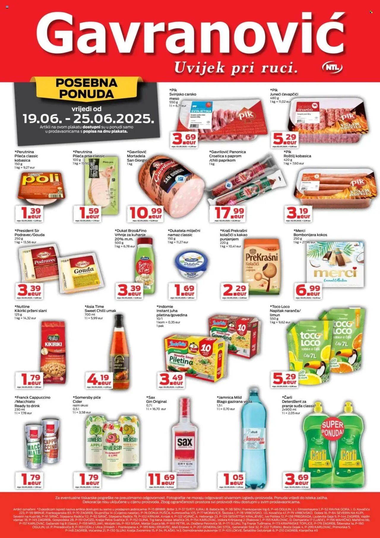 Gavranović aktualni Katalog vrijedi od 19.06.2025 - tjedna akcija broj stranice 1 - Stol, Vrhnje za kuhanje, Mliječni namaz, Meso, Svinjetina, Deterdžent, Gazirana voda, Somersby