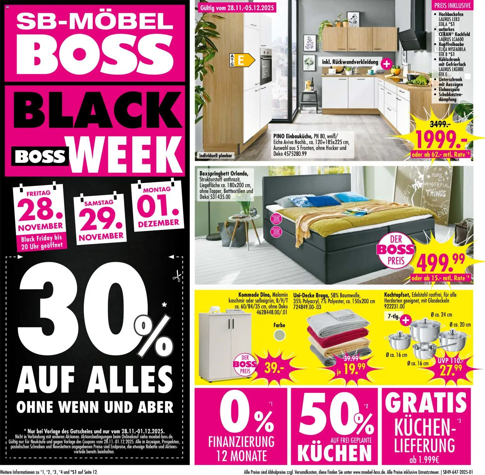 Vorschau von dem Prospekt des Geschäftes SB Möbel Boss, gültig ab dem 28.11.2025 - Uhr, Kühlschrank, Kuchen, Boxspringbett, Kommode, Hocker, Kochfeld, Unterschrank