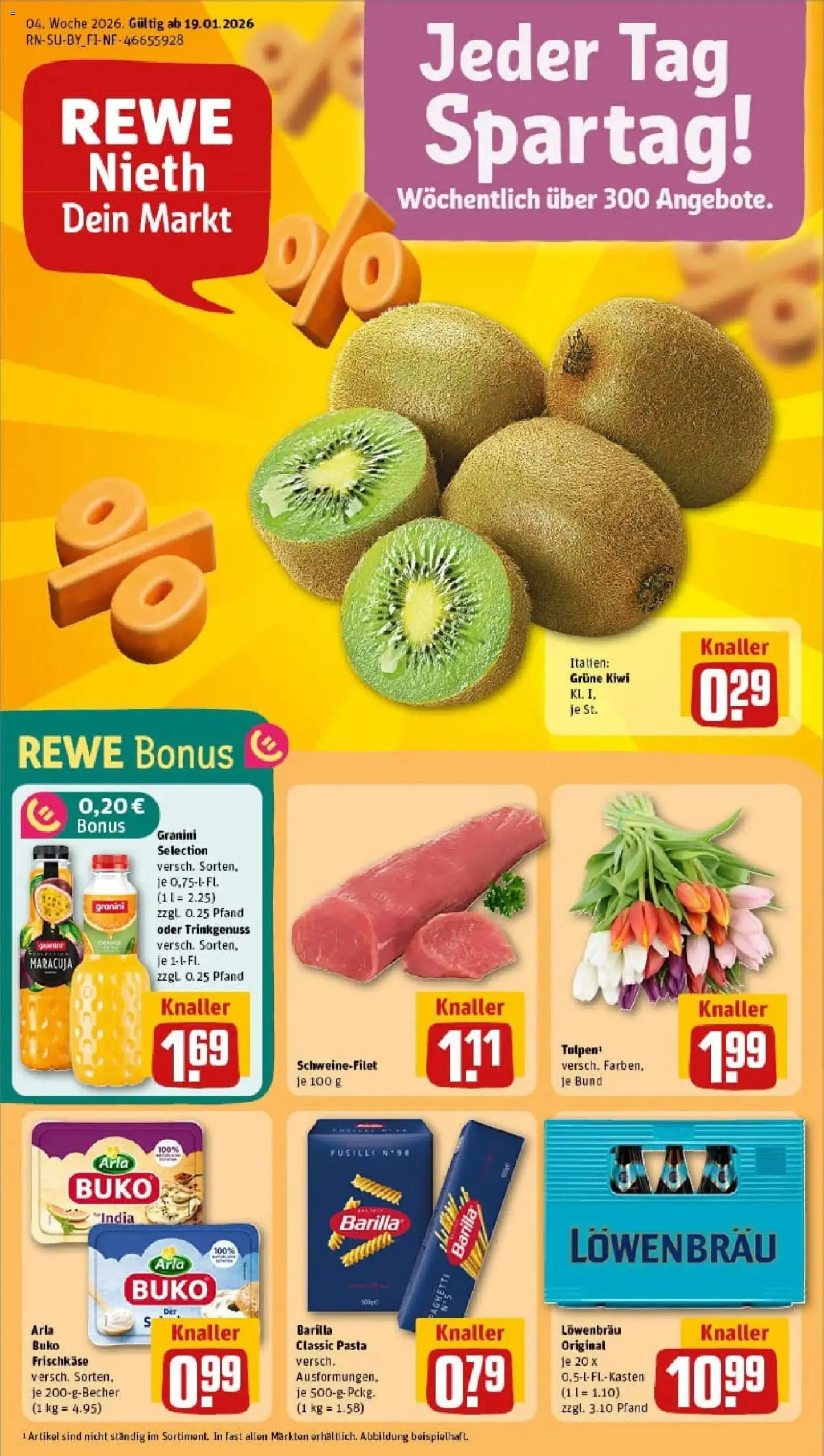 Vorschau von dem Prospekt des Geschäftes Rewe, gültig ab dem 18.01.2026 - Pasta, Kiwi, Schweinefilet, Barilla, Granini, Arla buko, Frischkase