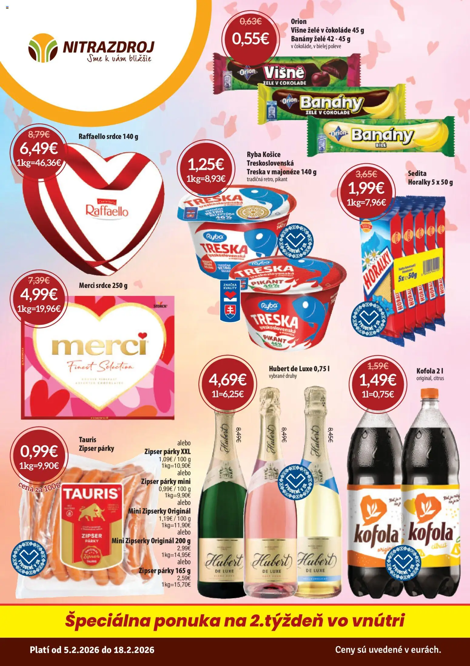 Náhľad Nitrazdroj letáku platného od 05.02.2026 - Kofola, Treska, Raffaello, Merci, Párky, Višne, Banány, Horálky