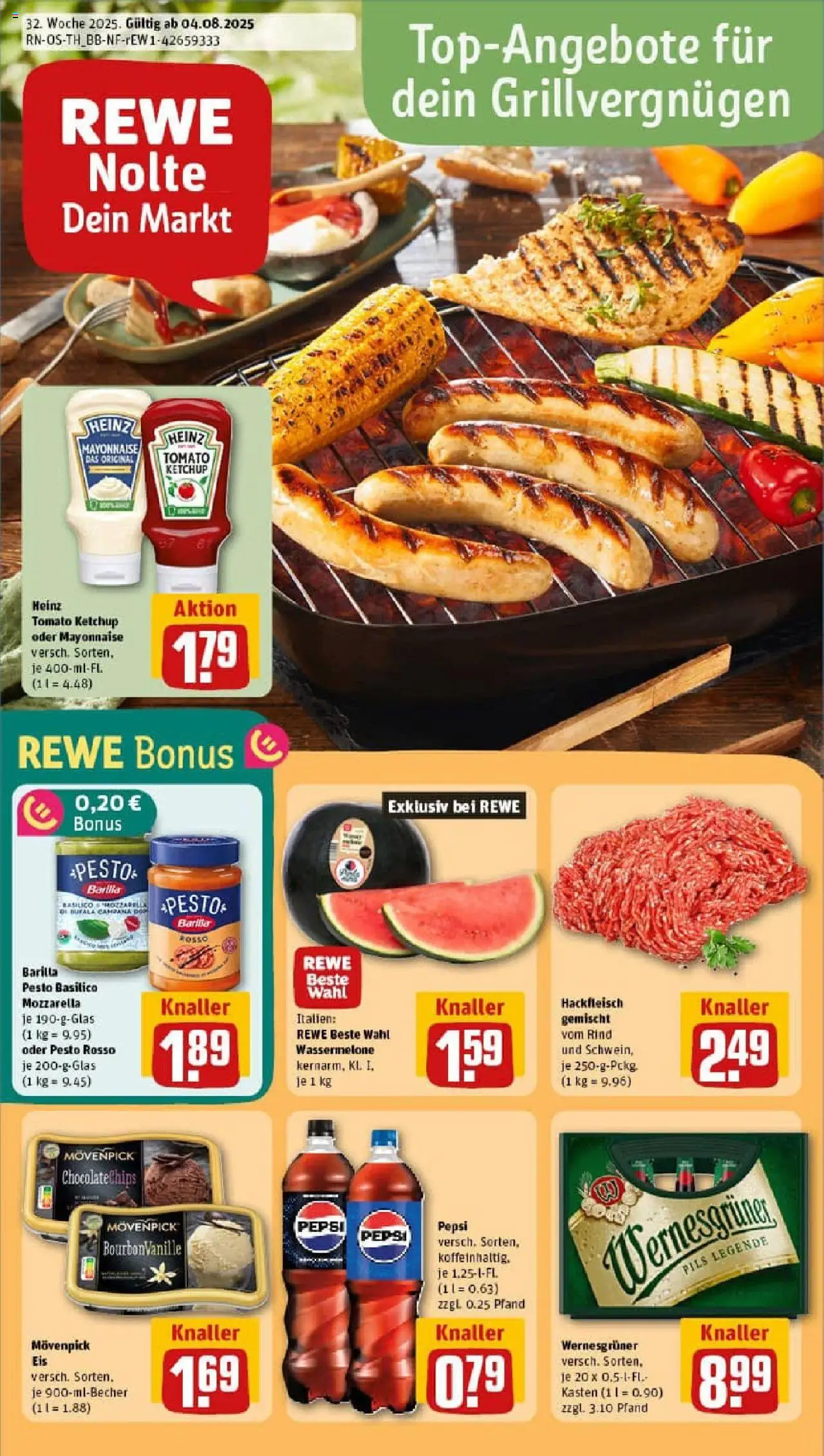 REWE Prospekt ab 03.08.2025 nächste Woche - Prospekt Leinefelde-Worbis - Mozzarella, Hackfleisch, Mayonnaise, Barilla, Ketchup, Pepsi, Barilla pesto, Movenpick eis