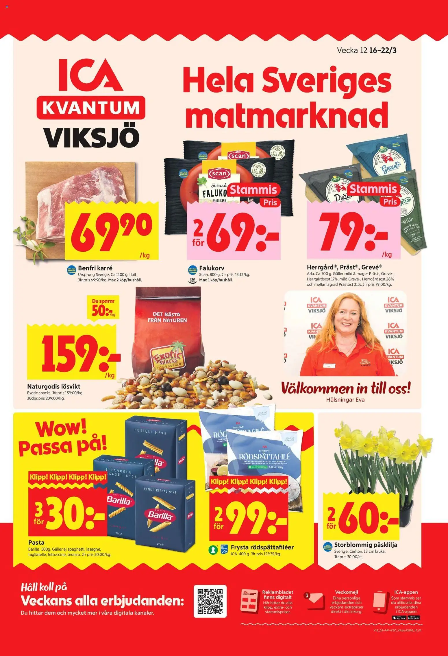 Förhandsgranska reklamblad Järfälla från butik ICA Kvantum gäller från 16/03/2026 - Pasta, Falukorv, Snacks, Galler, Häll