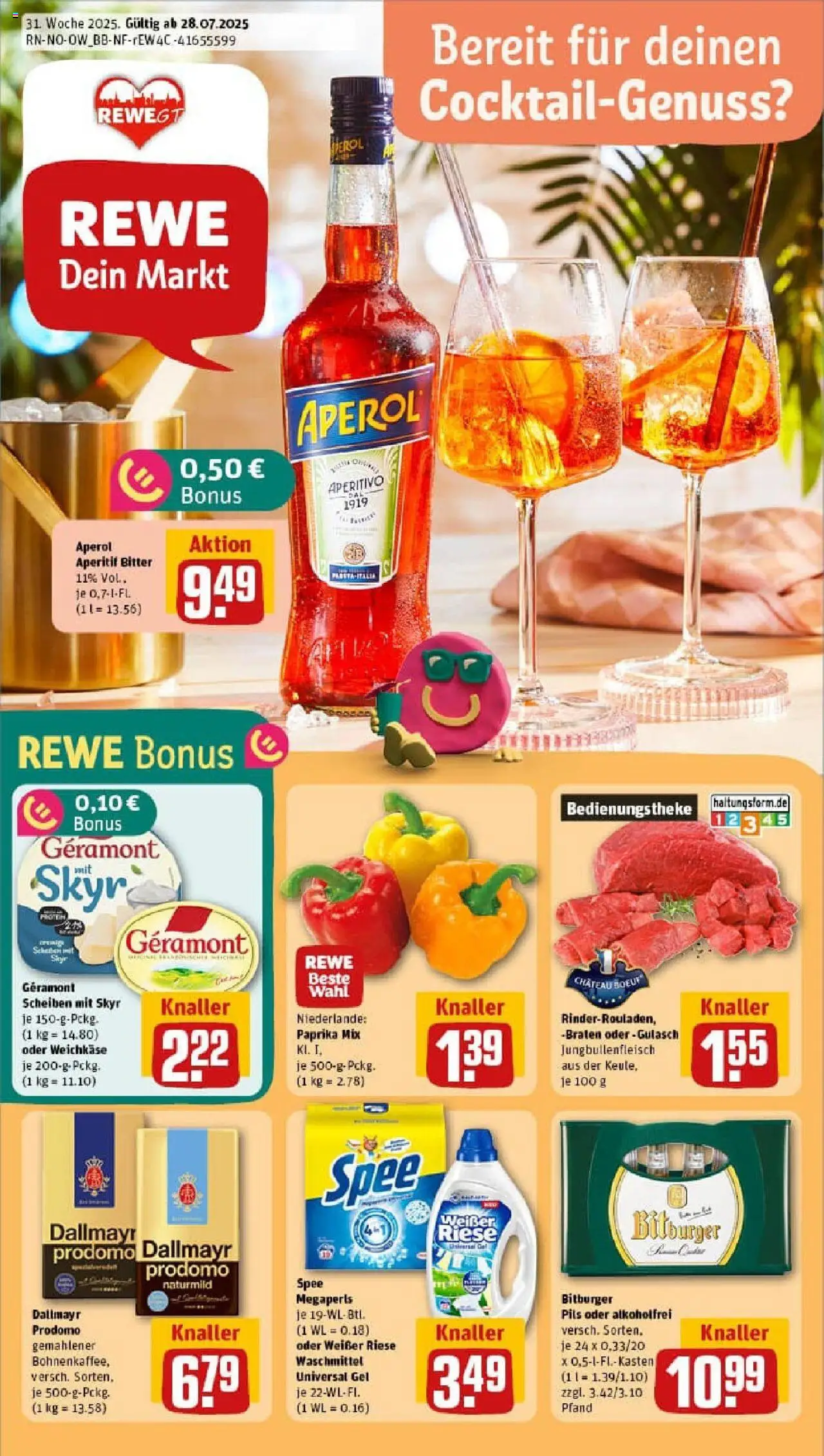 REWE Prospekt ab 27.07.2025 nächste Woche - Prospekt Gütersloh - Gulasch, Skyr, Dallmayr, Paprika, Waschmittel, Dallmayr prodomo, Geramont, Pils