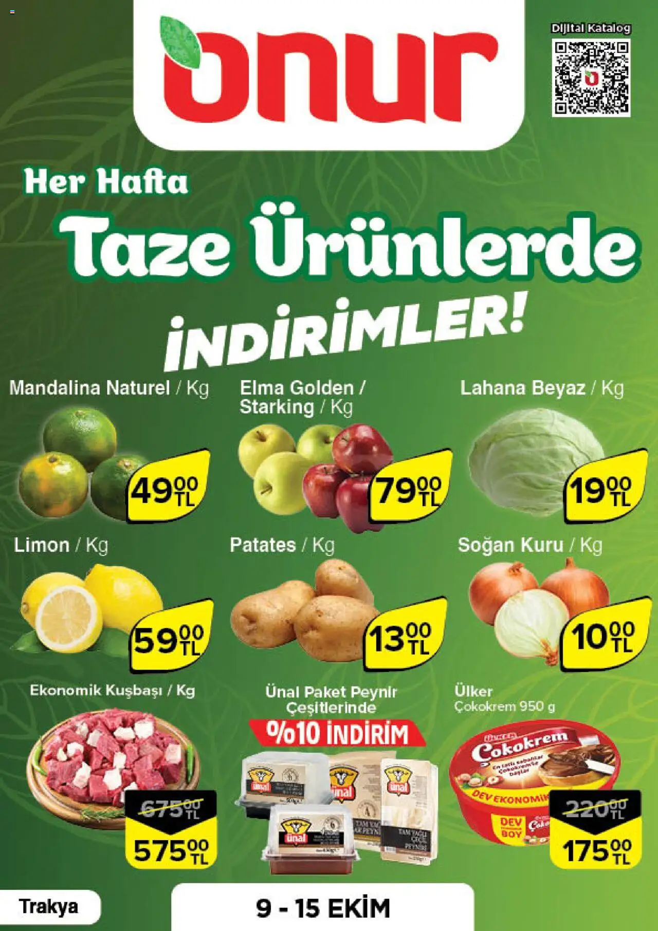 ONUR MARKET Taze Ürünlerde İndirimler - Bursa (09 Ekim 2025) - Indirim, Broşür - Sayfa numarası 1 - Peynir, Patates, Limon, Elma, Lahana, Soğan, Mandalina